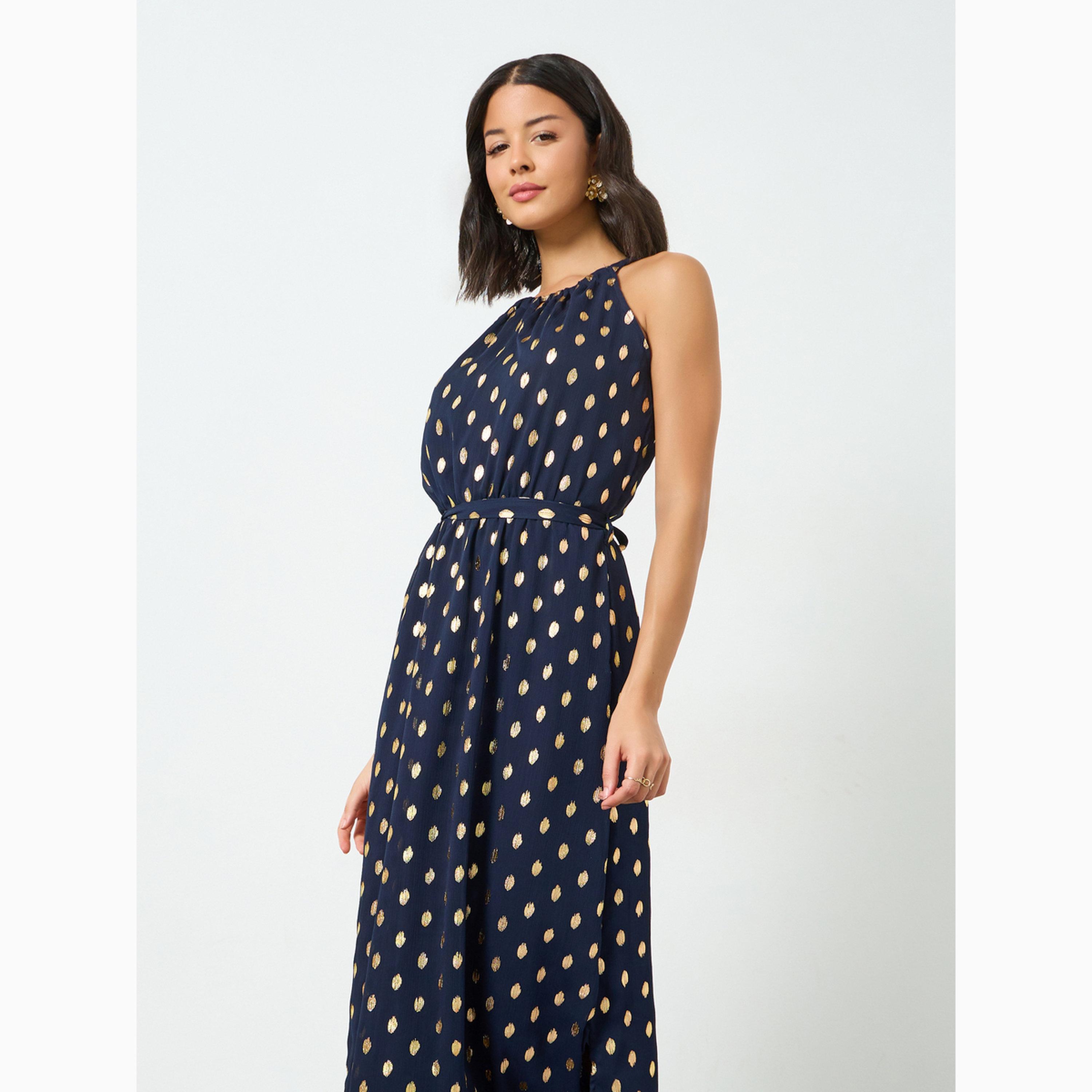 Styli Navy Blue Foil Print Maxi Dress with Tie-Belt-women-clothing-dresses-image-2