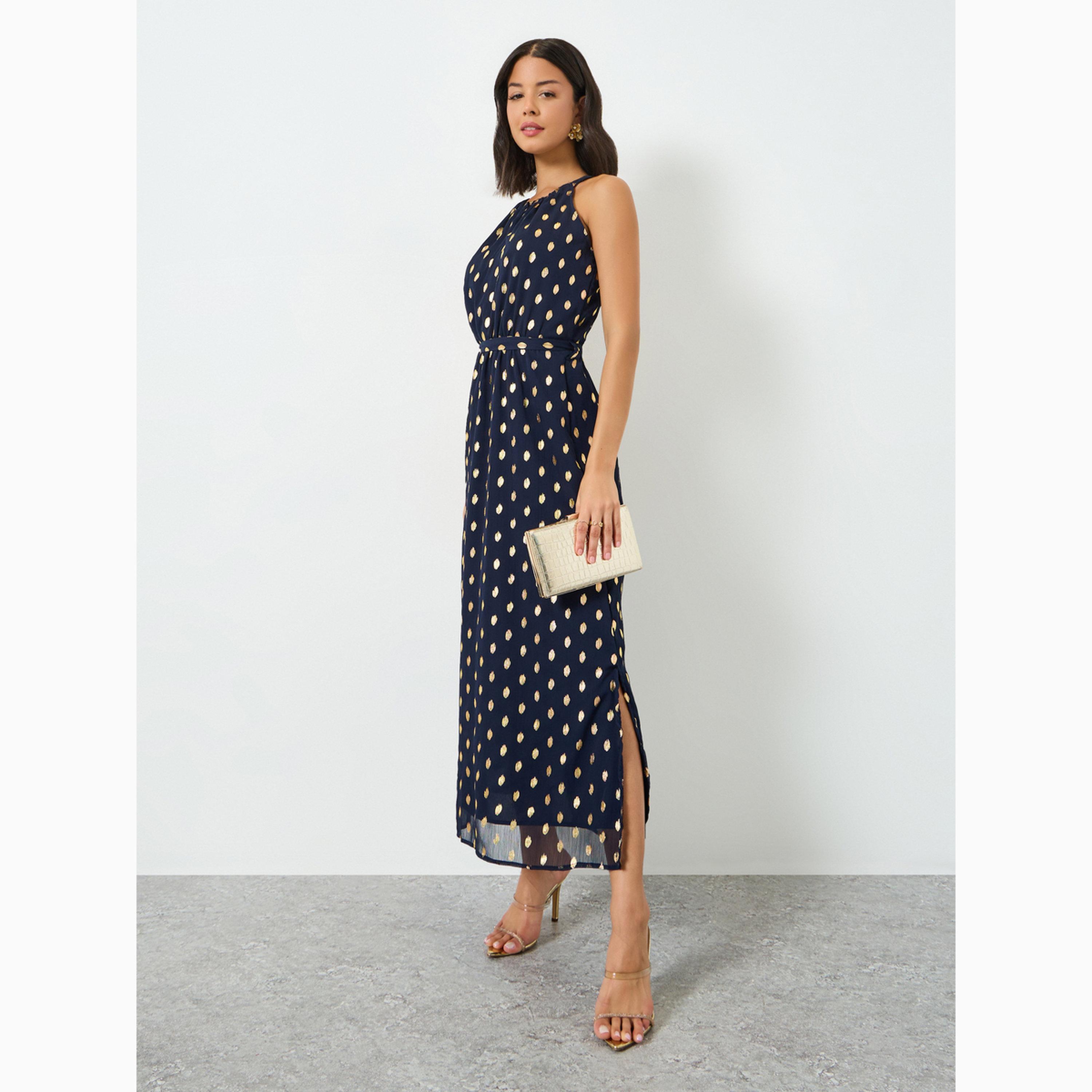 Styli Navy Blue Foil Print Maxi Dress with Tie-Belt-women-clothing-dresses-image-3