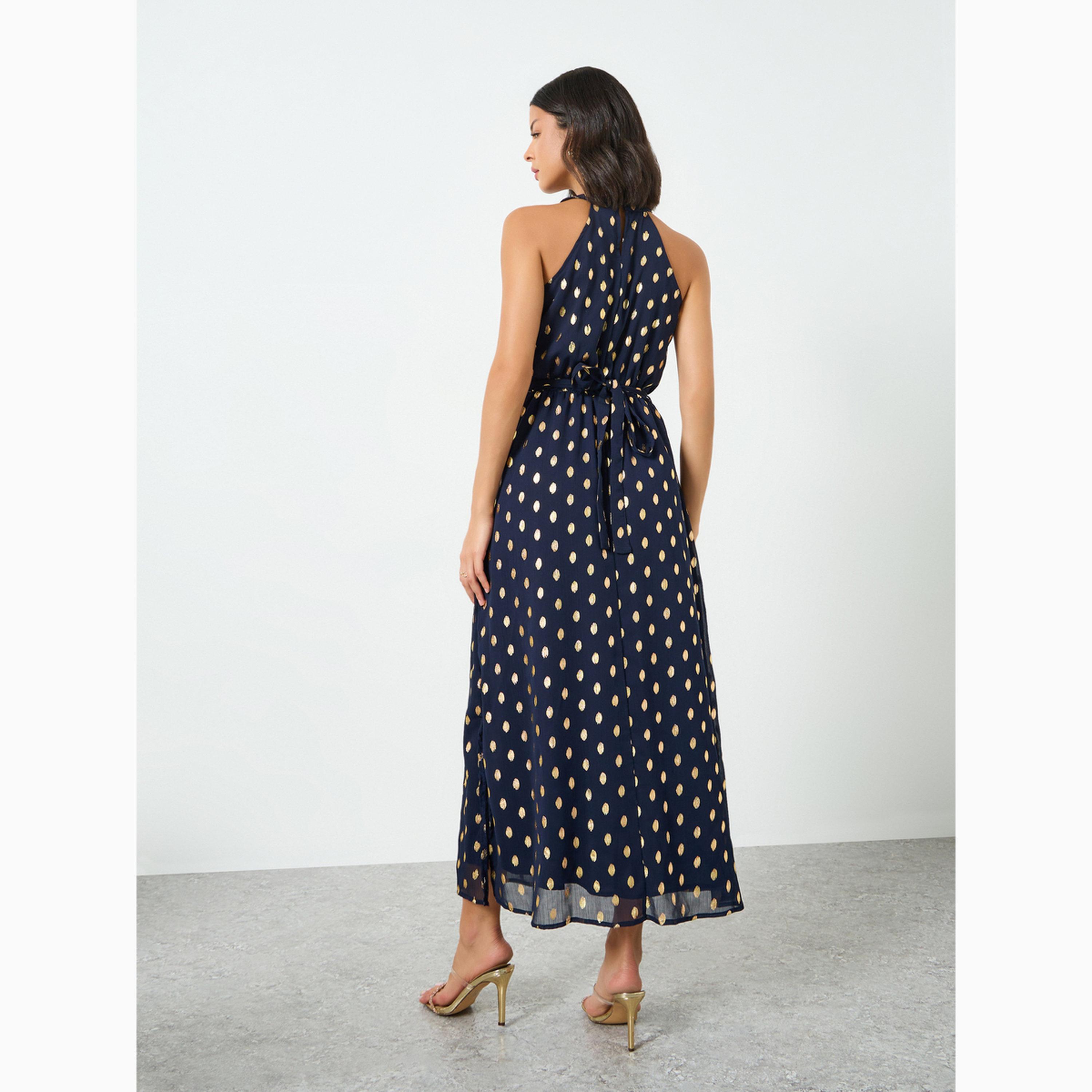 Styli Navy Blue Foil Print Maxi Dress with Tie-Belt-women-clothing-dresses-image-5