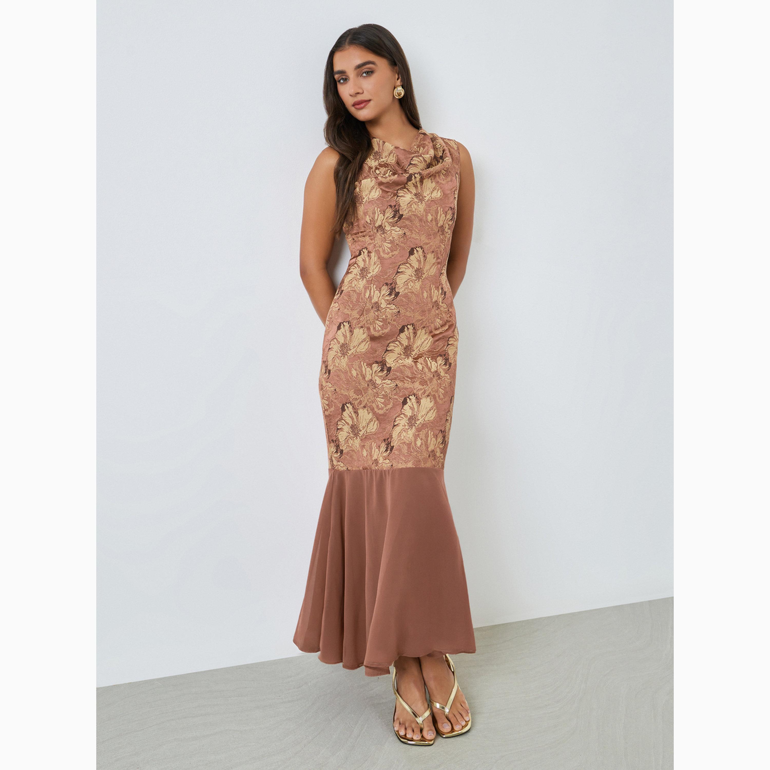Styli Brown Floral Jacquard Cowl Neck Maxi Dress-women-clothing-dresses-image-1