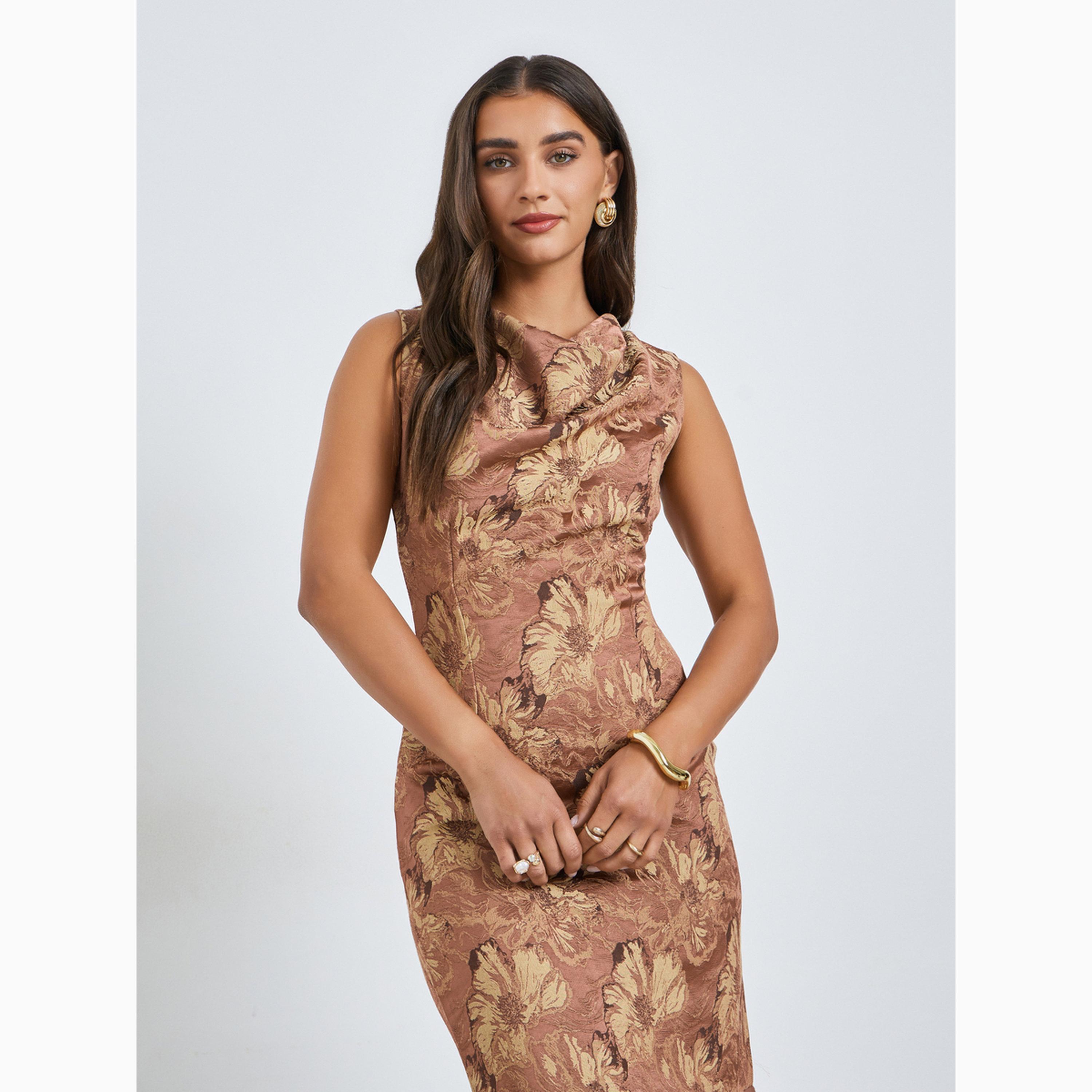 Styli Brown Floral Jacquard Cowl Neck Maxi Dress-women-clothing-dresses-image-2