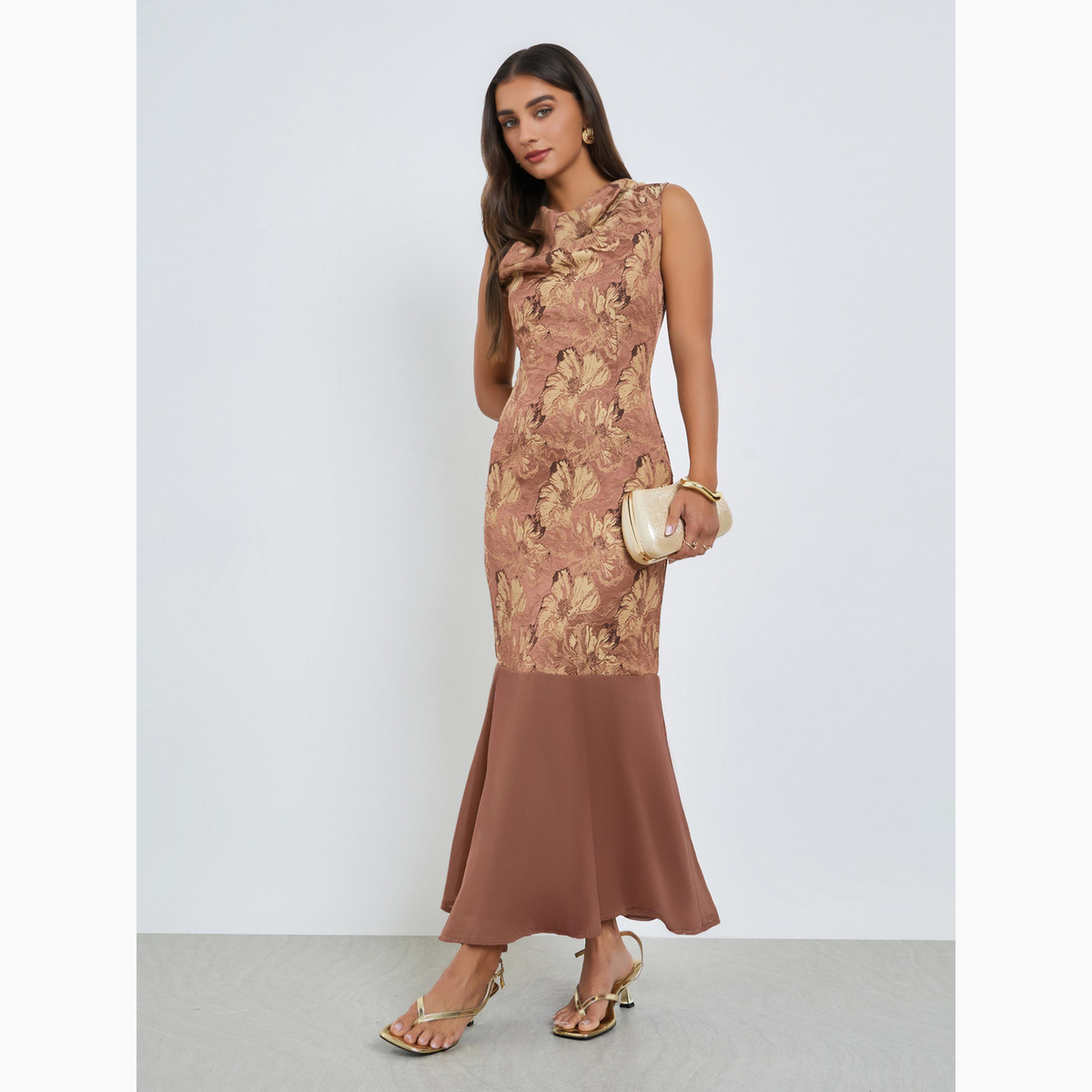 Styli Brown Floral Jacquard Cowl Neck Maxi Dress-women-clothing-dresses-image-3