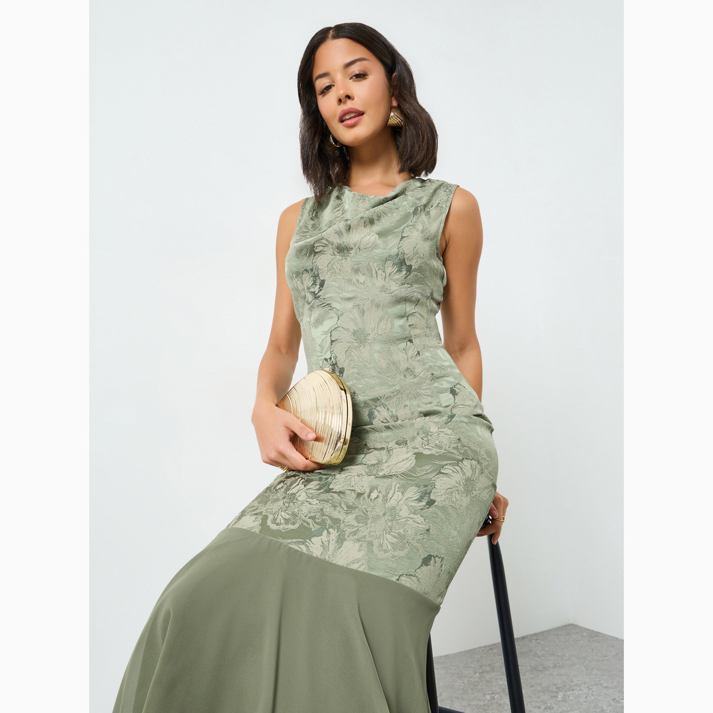 Styli Green Floral Jacquard Cowl Neck Maxi Dress-women-clothing-dresses-image-2