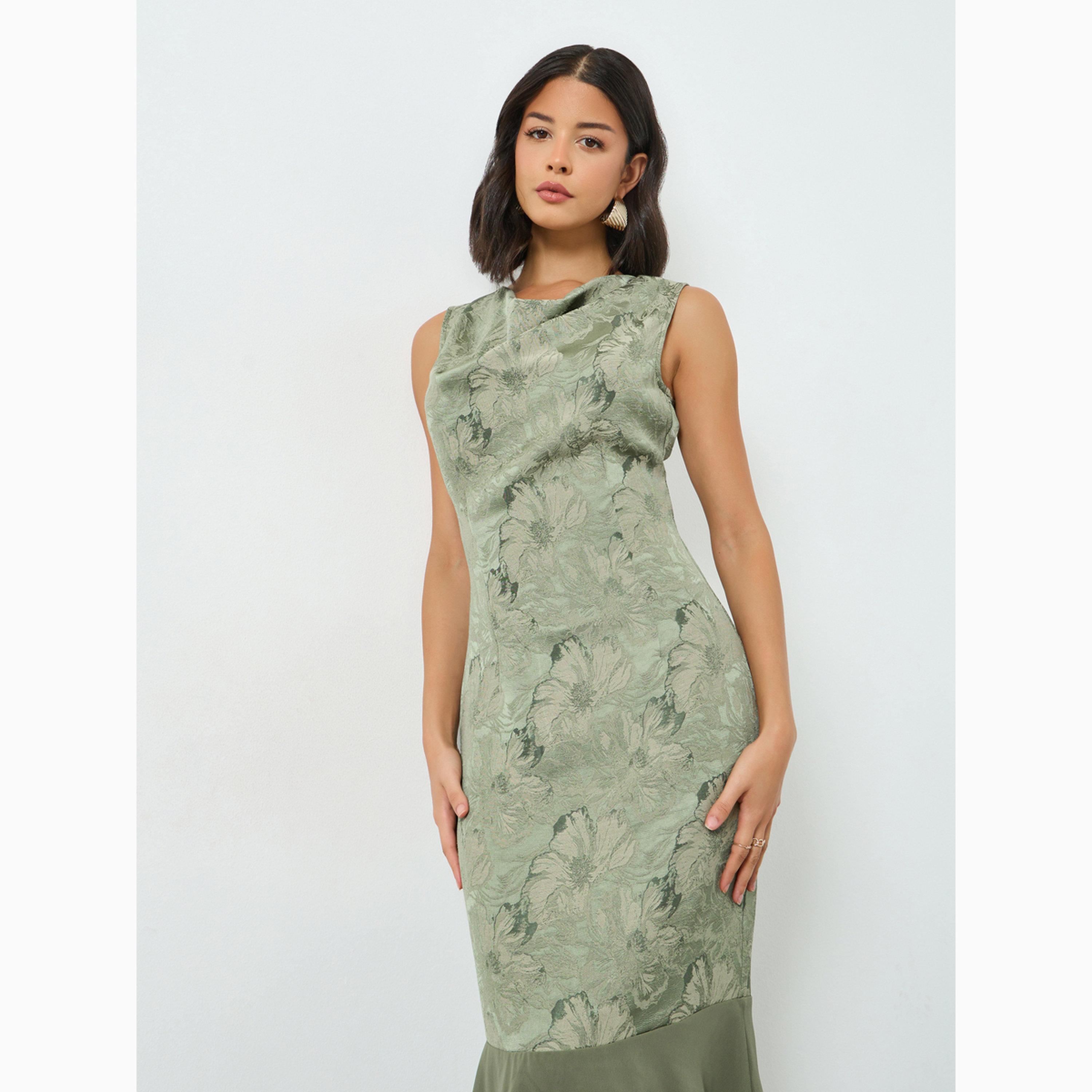 Styli Green Floral Jacquard Cowl Neck Maxi Dress-women-clothing-dresses-image-3