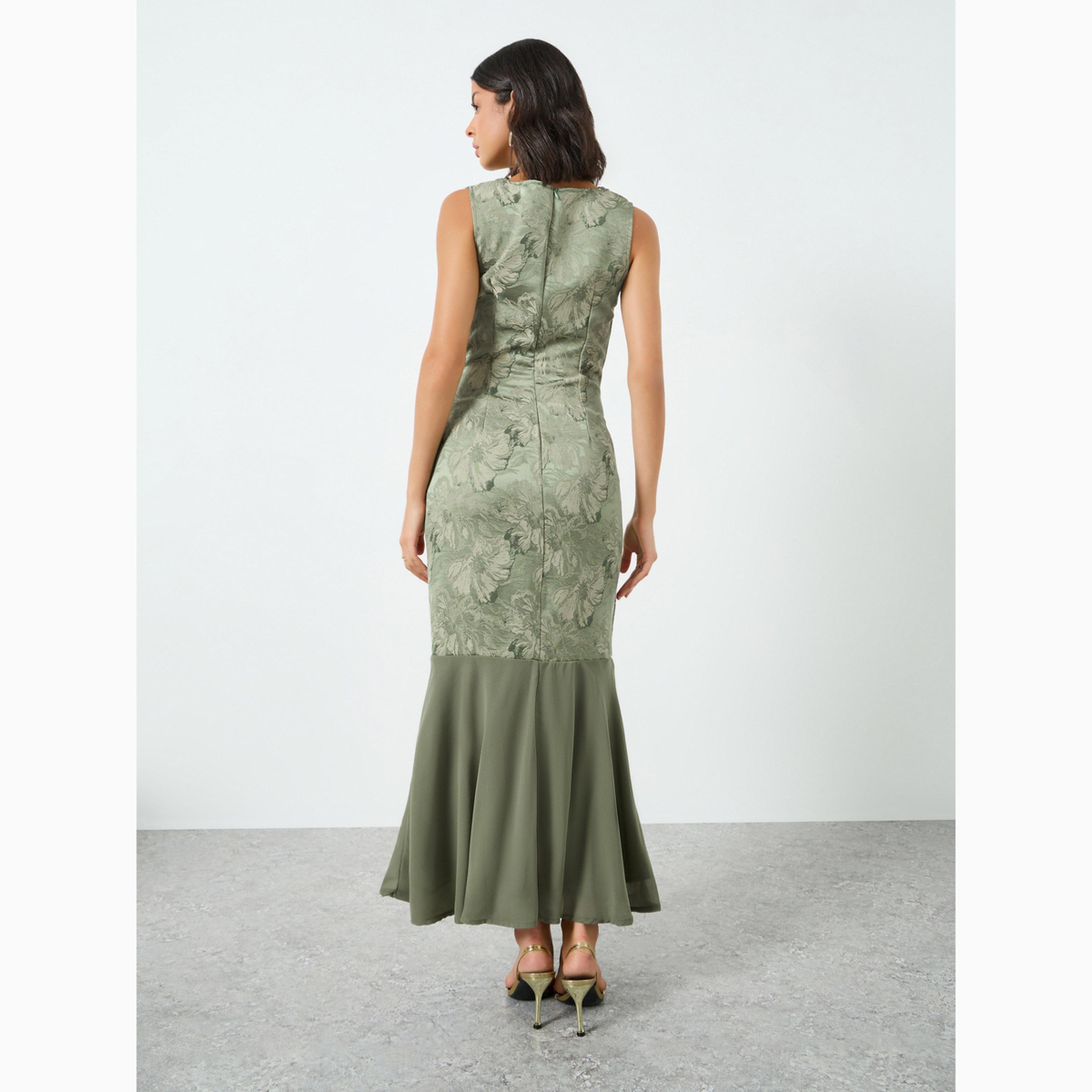 فستان طويل جاكارد بنقشة الزهور وياقة منسدلة-women-clothing-dresses-image-5