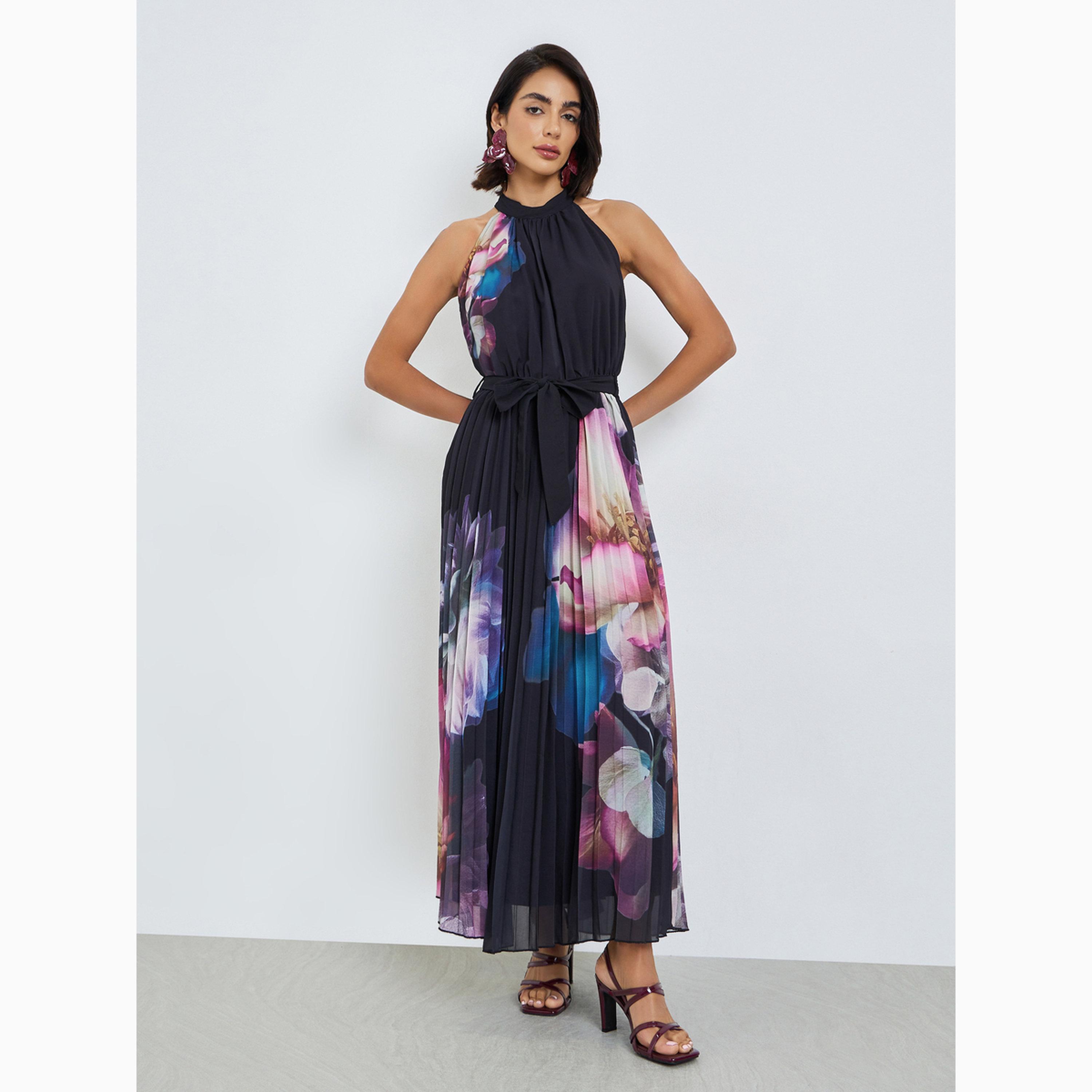 Styli Navy Blue Floral Print Pleated A-Line Maxi Dress-women-clothing-dresses-image-1