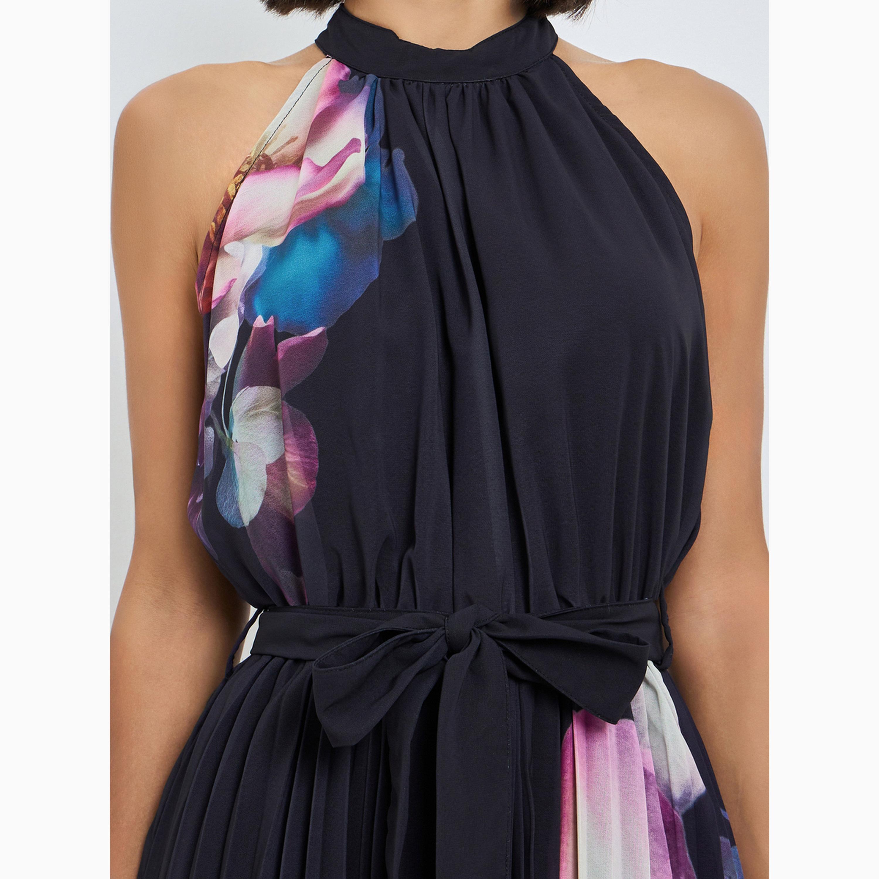 Styli Navy Blue Floral Print Pleated A-Line Maxi Dress-women-clothing-dresses-image-4
