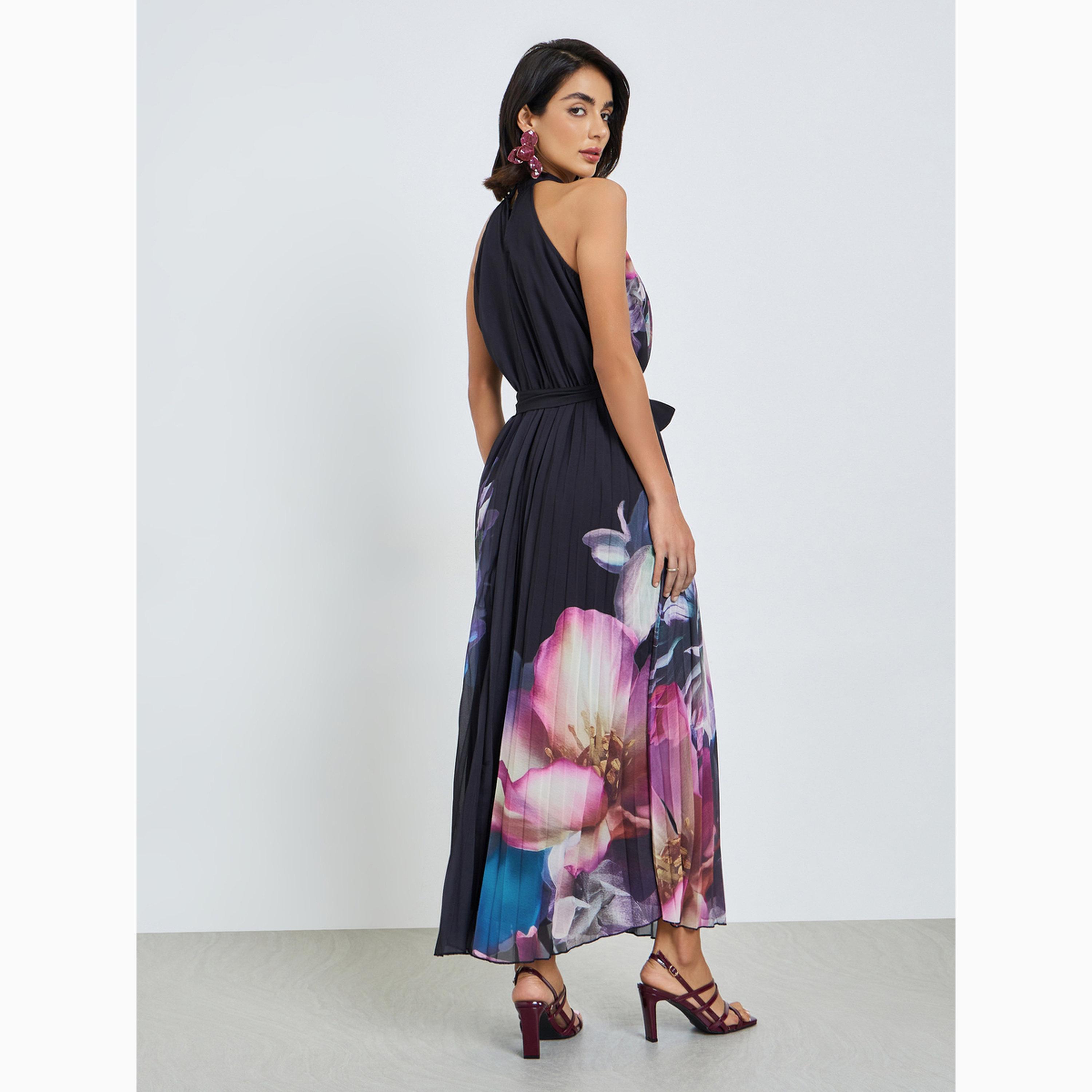 Styli Navy Blue Floral Print Pleated A-Line Maxi Dress-women-clothing-dresses-image-5
