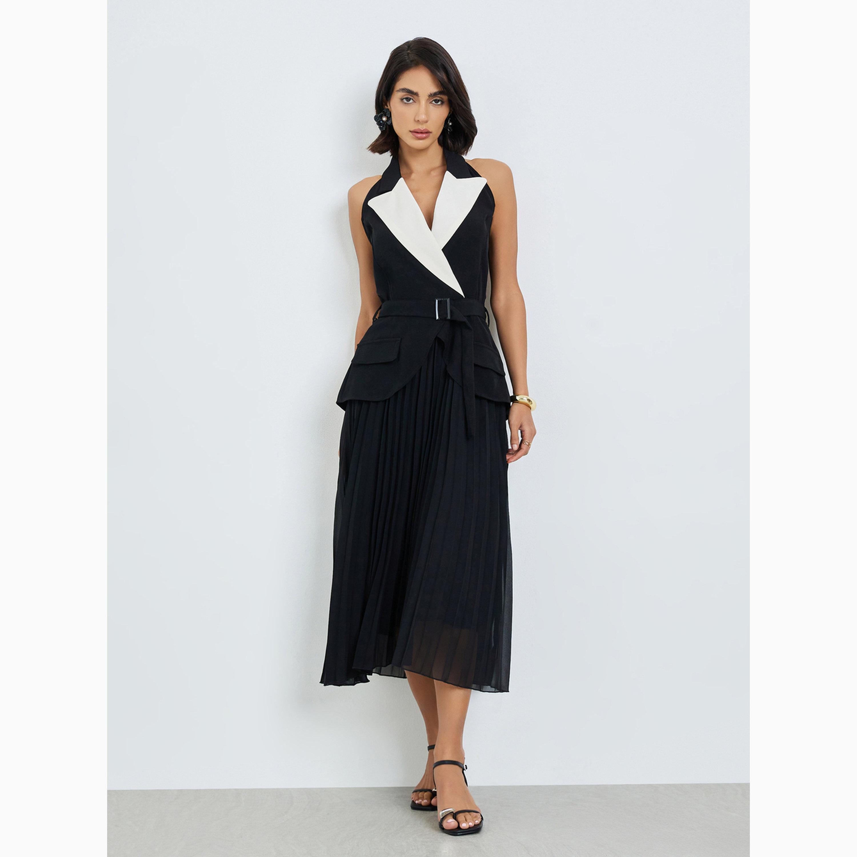 Styli Color Block Lapel Neck Pleated Midi Dress-women-clothing-dresses-image-1