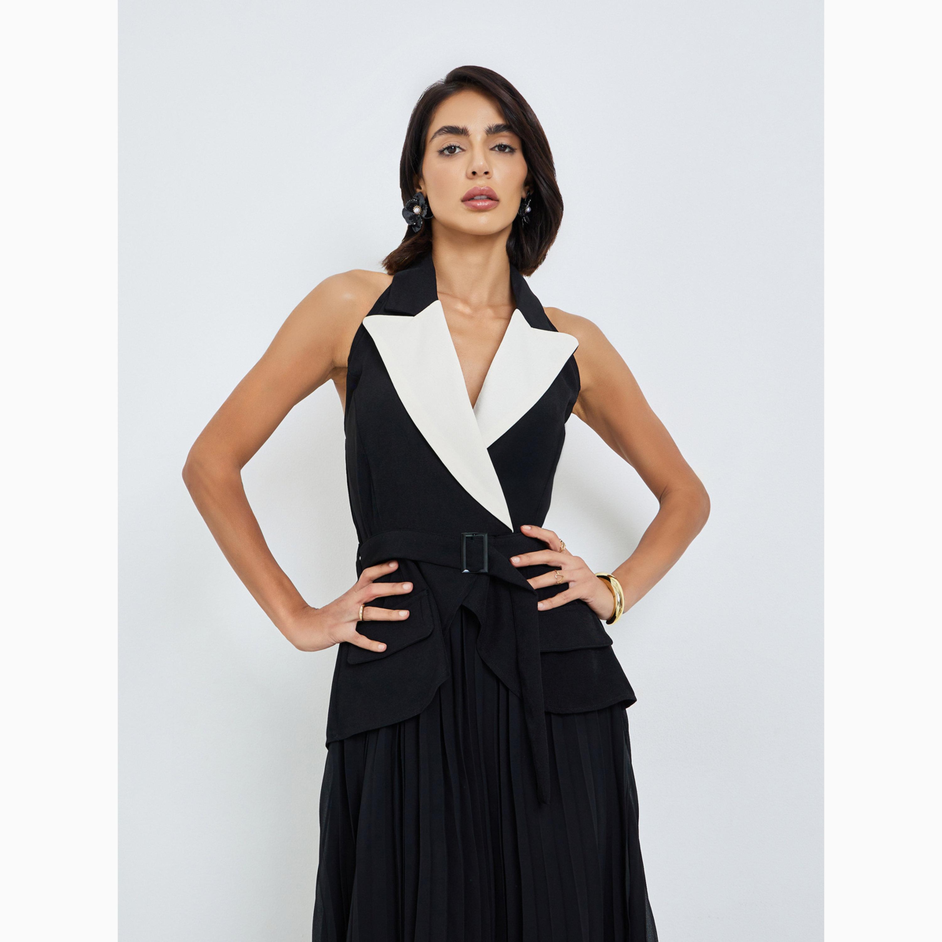 Styli Color Block Lapel Neck Pleated Midi Dress-women-clothing-dresses-image-2