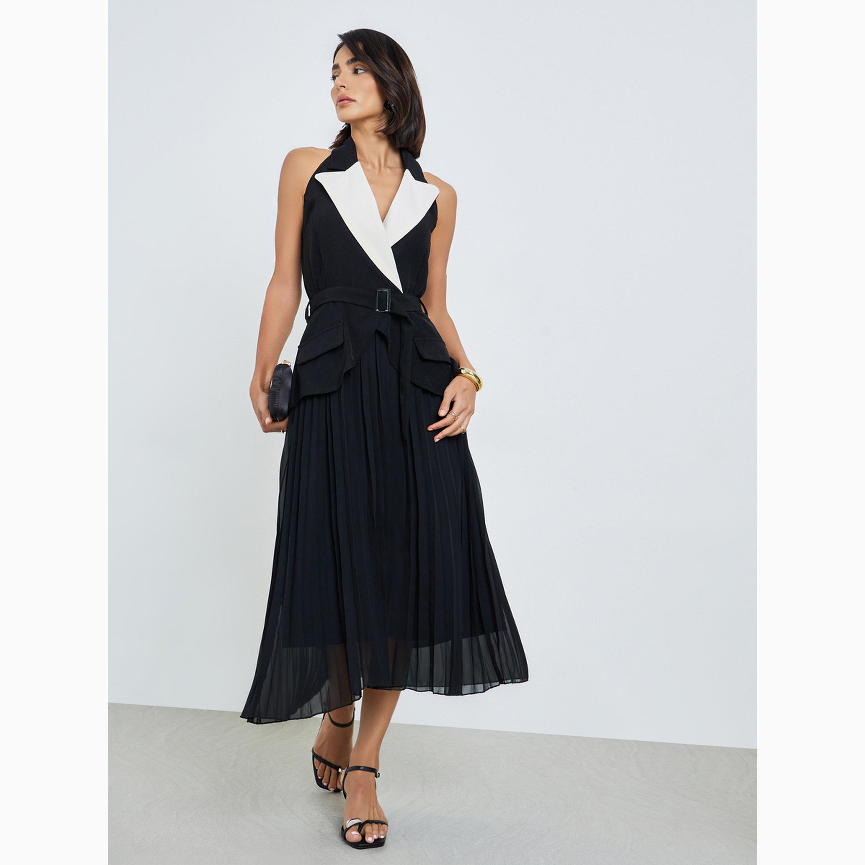 Styli Color Block Lapel Neck Pleated Midi Dress-women-clothing-dresses-image-3