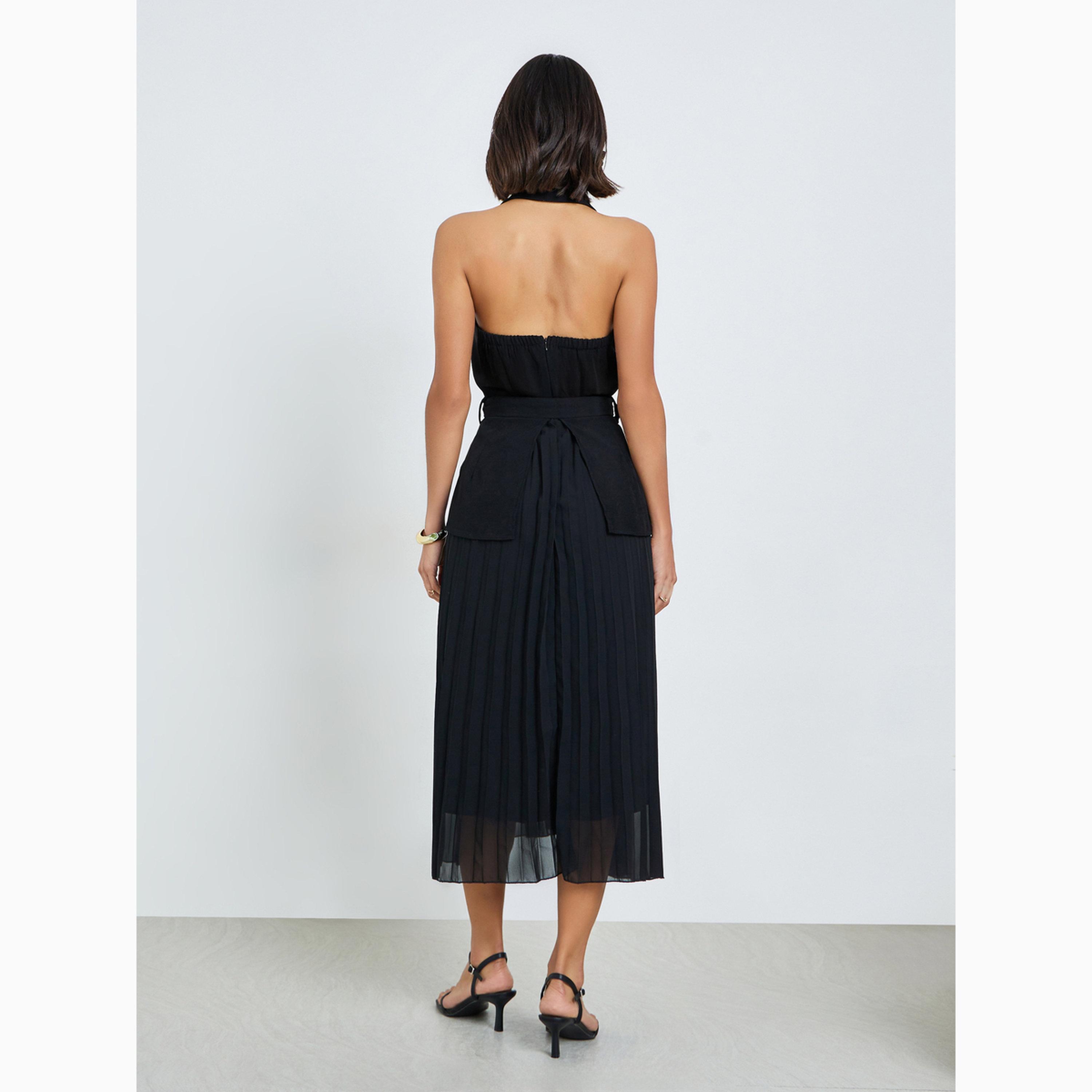 Styli Color Block Lapel Neck Pleated Midi Dress-women-clothing-dresses-image-5