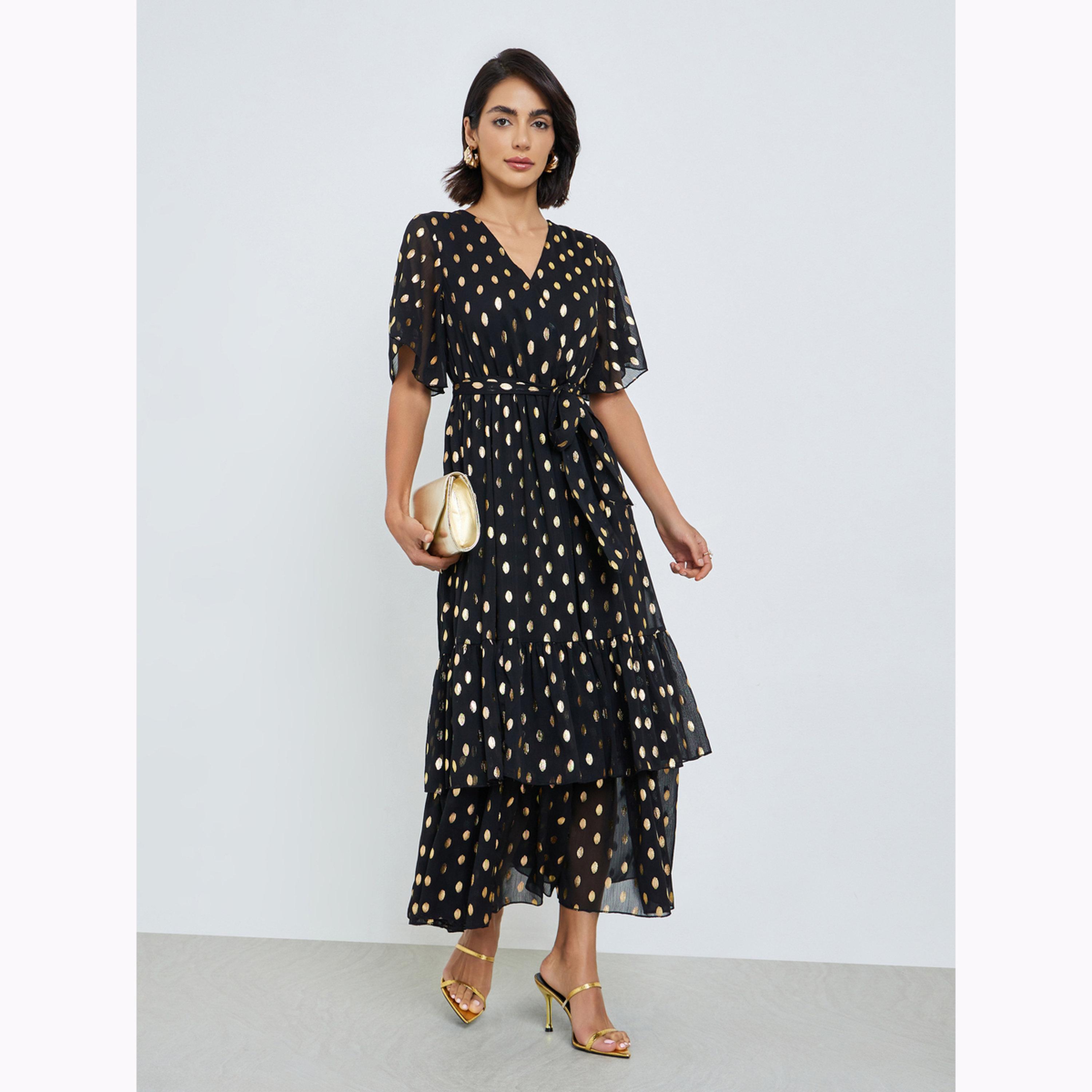 Styli Black Foil Dot Print Layered Maxi Dress-women-clothing-dresses-image-1