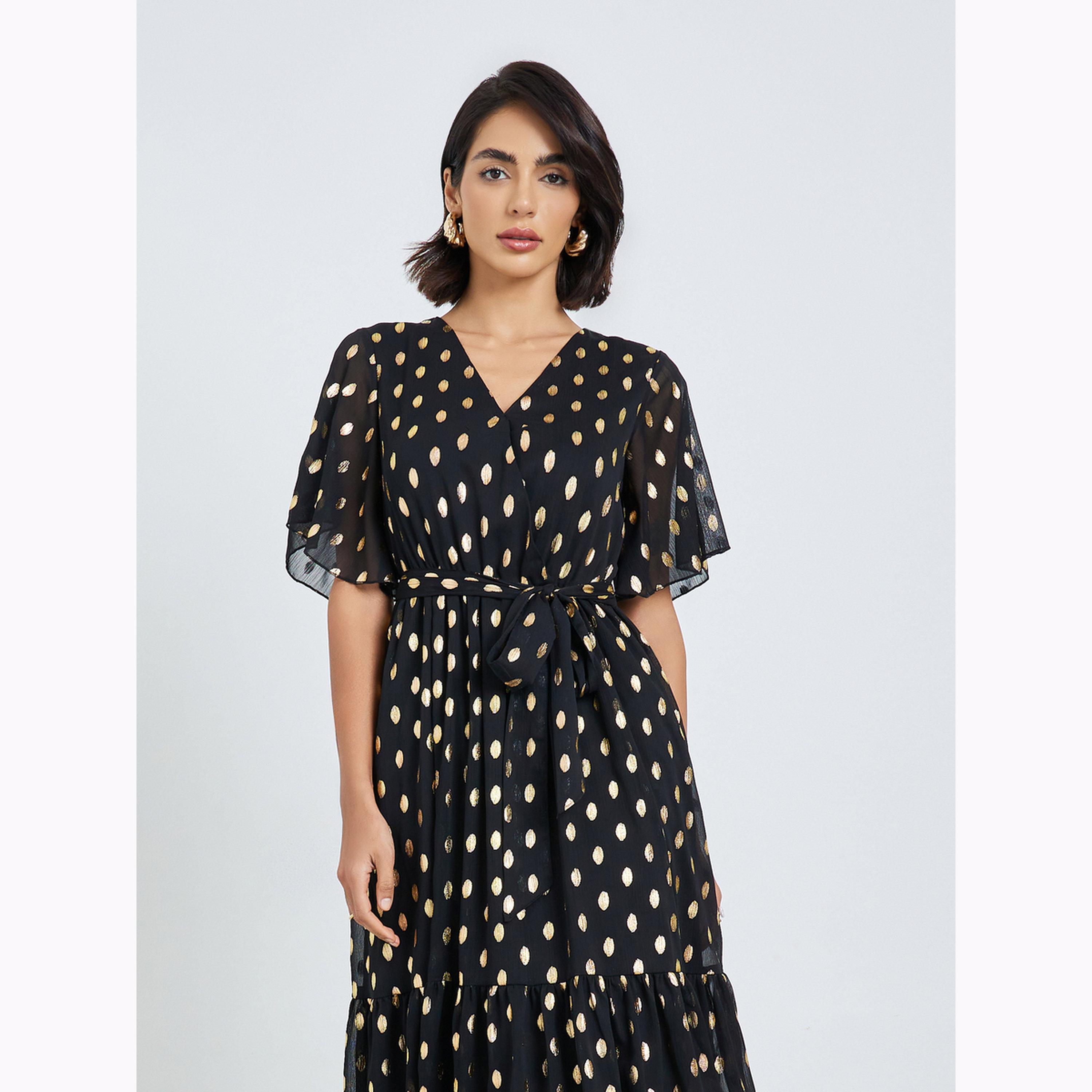 Styli Black Foil Dot Print Layered Maxi Dress-women-clothing-dresses-image-2