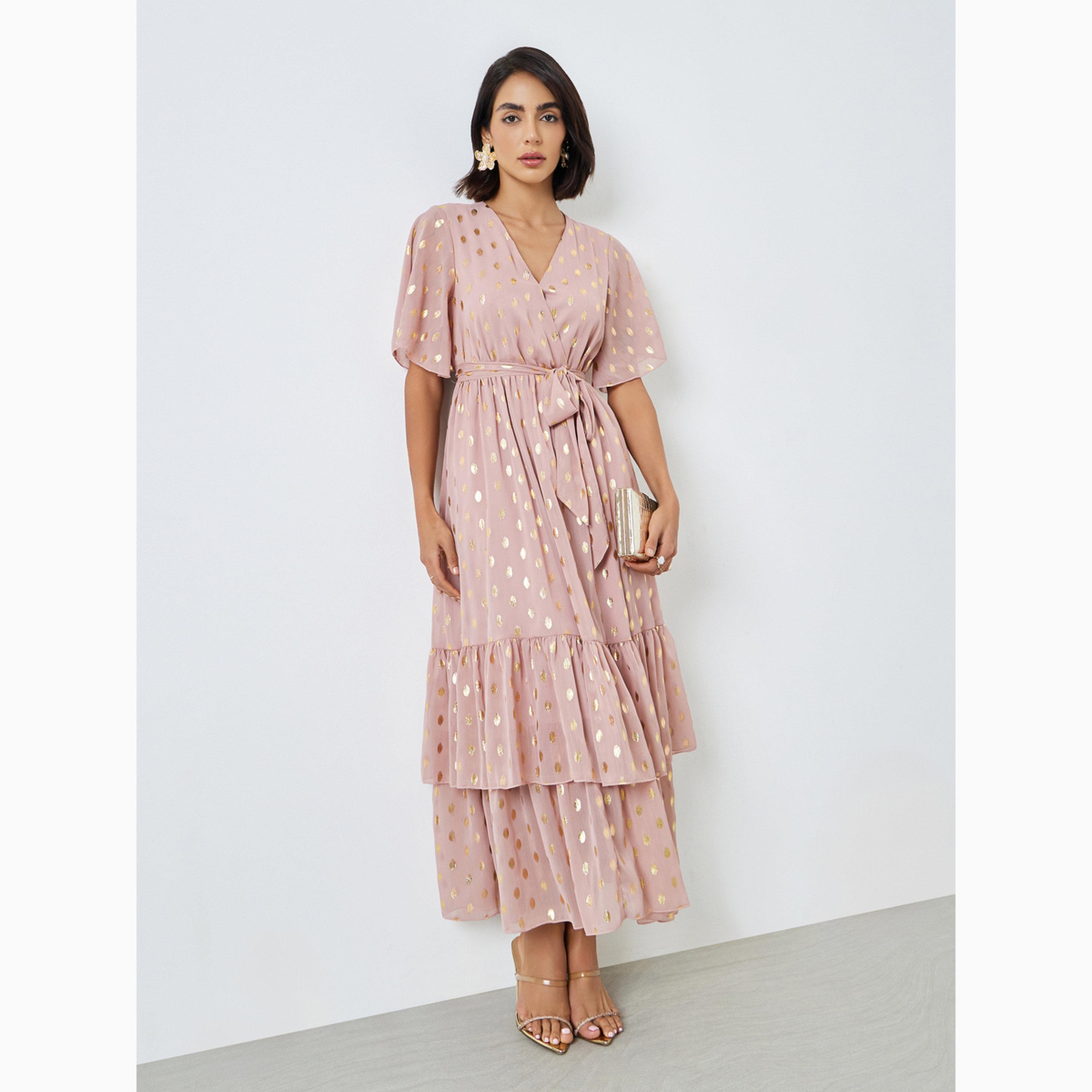 Styli Pink Foil Dot Print Layered Maxi Dress-women-clothing-dresses-image-1