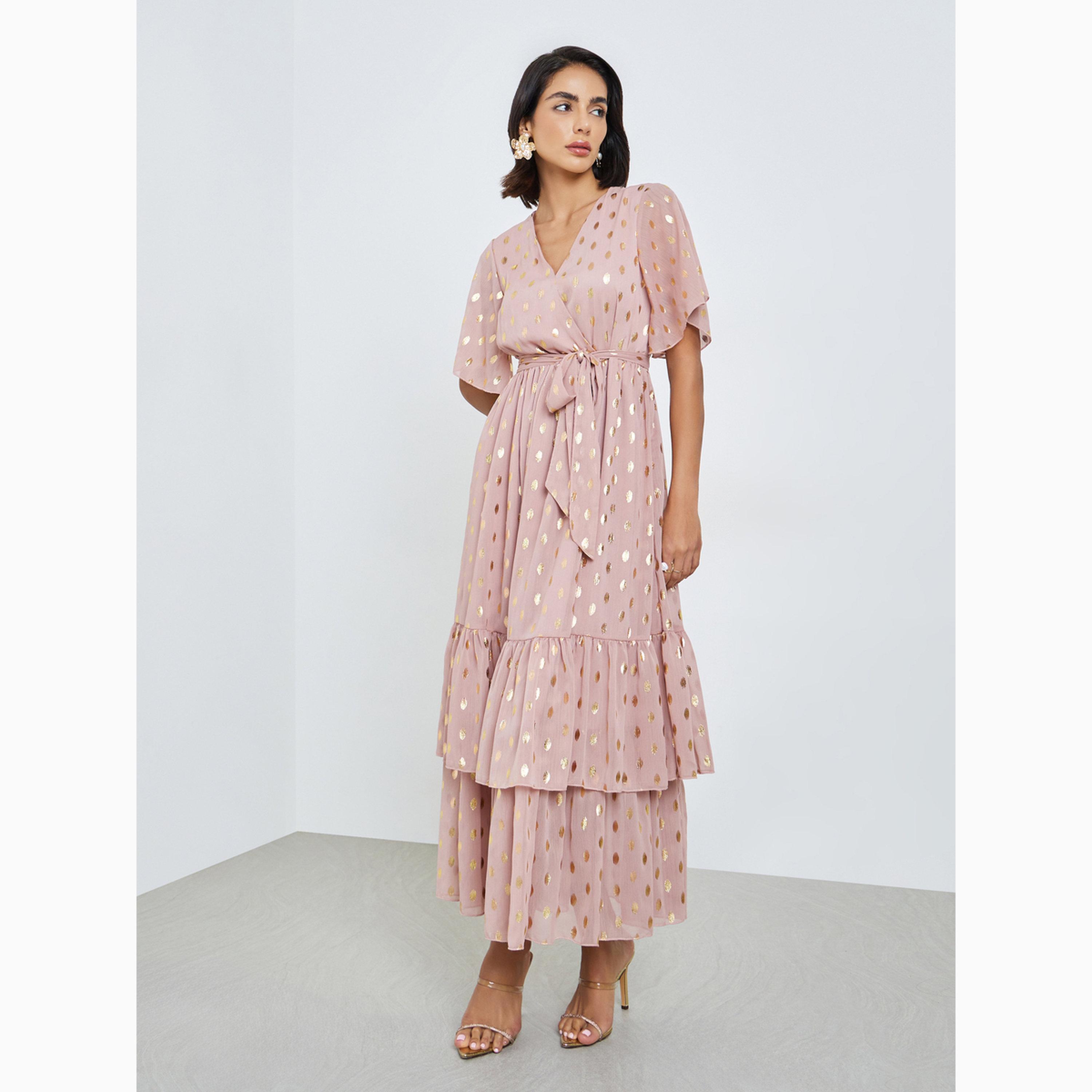 Styli Pink Foil Dot Print Layered Maxi Dress-women-clothing-dresses-image-3