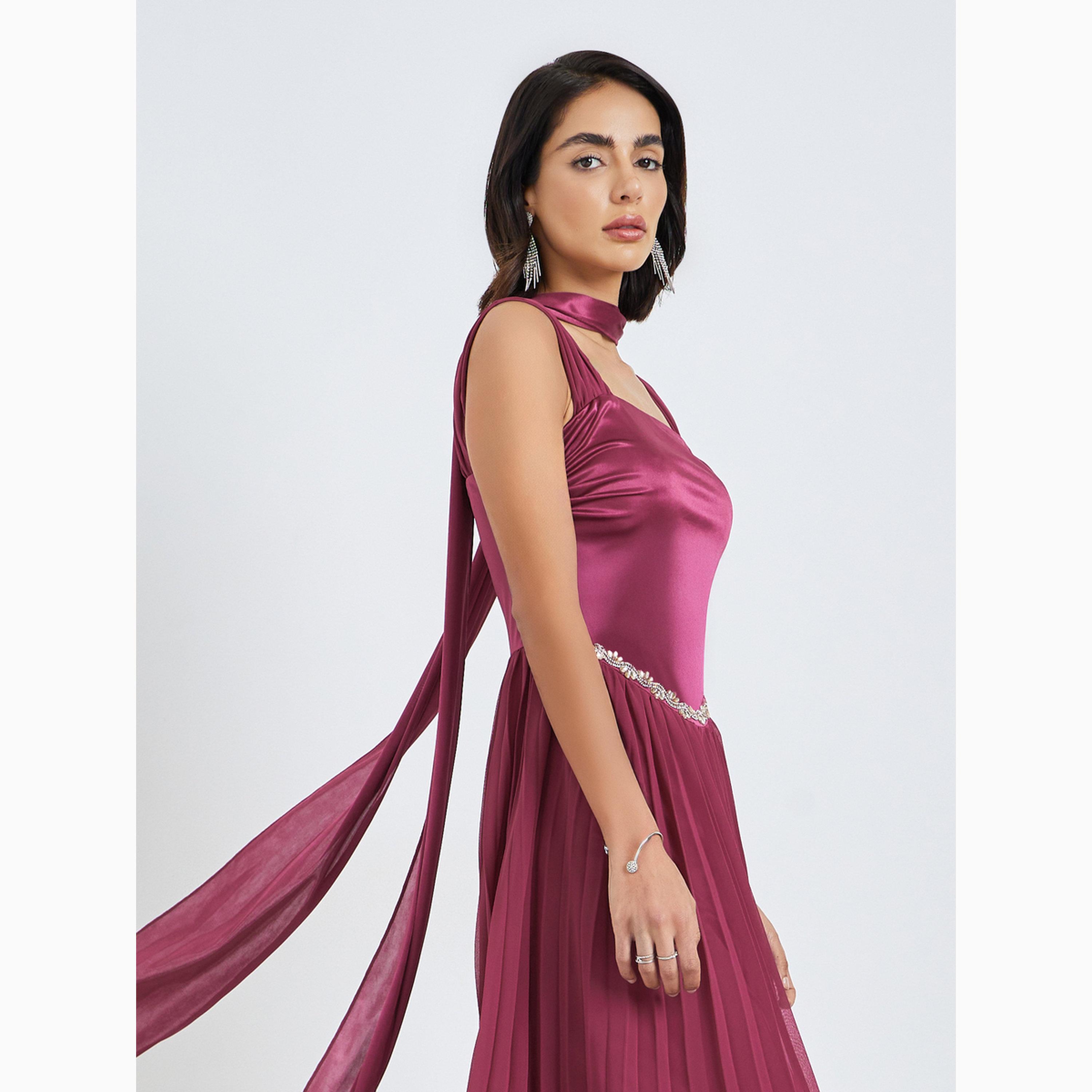 Styli Magenta Embellished Maxi Dress with Scarf Detail-women-clothing-dresses-image-2