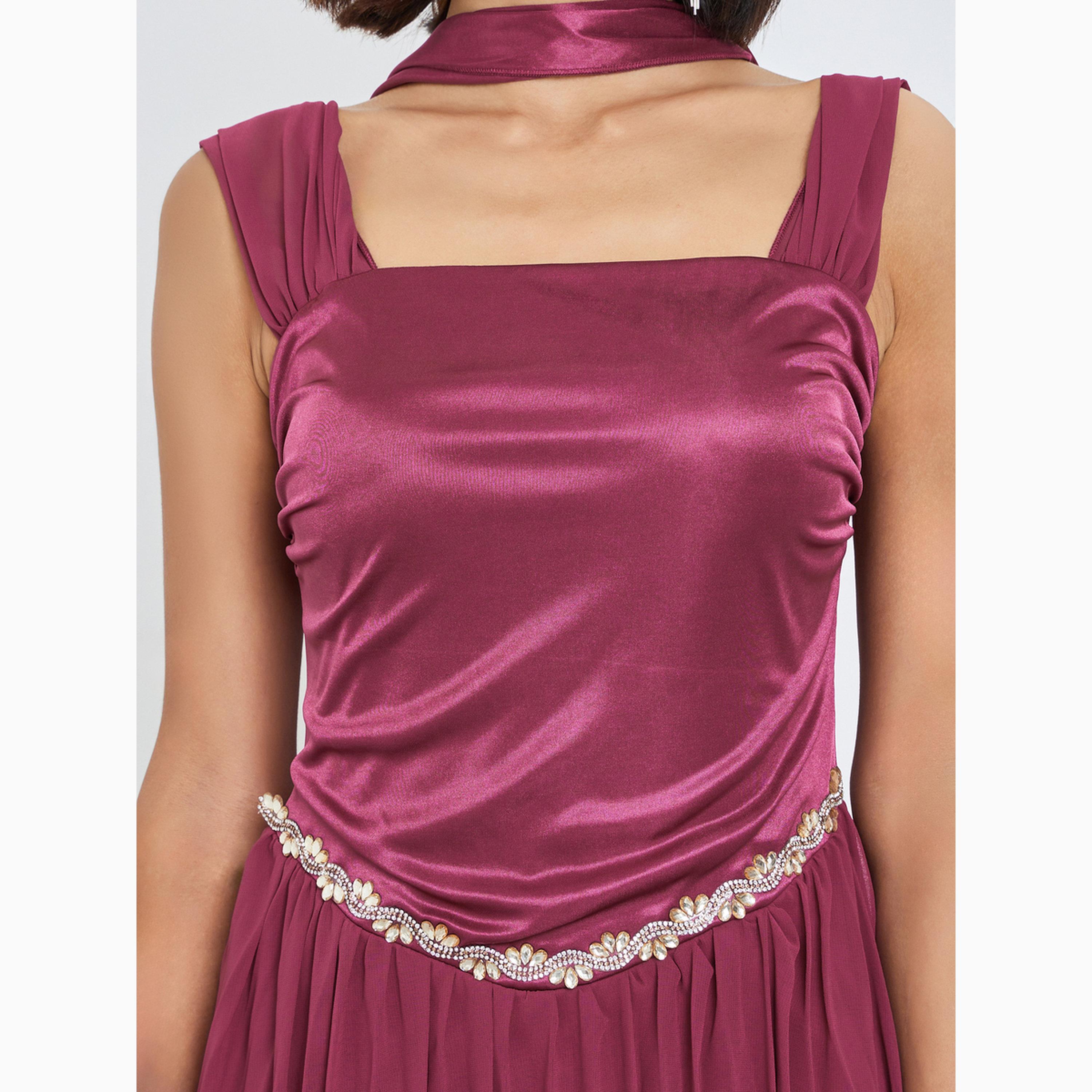 Styli Magenta Embellished Maxi Dress with Scarf Detail-women-clothing-dresses-image-5