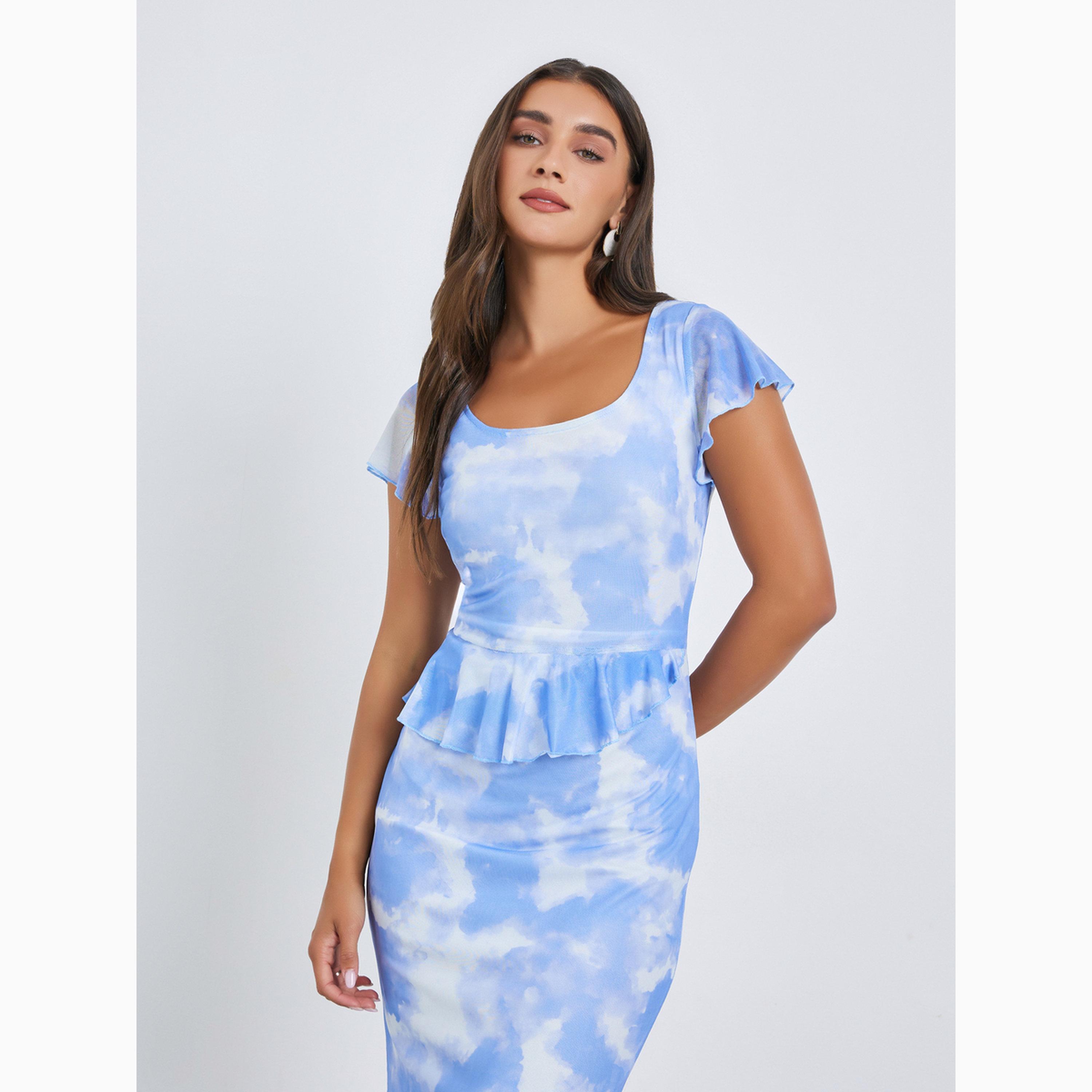 Styli Blue Tie-Dye Print Maxi Mermaid Hem Dress-women-clothing-dresses-image-2