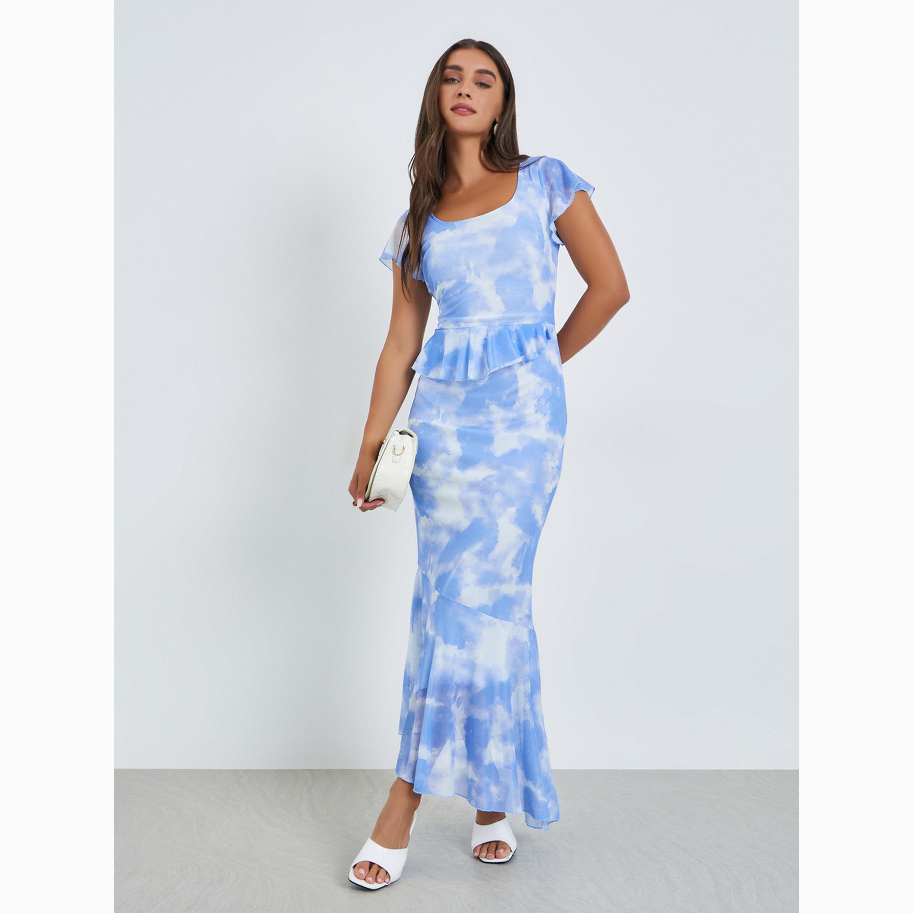 Styli Blue Tie-Dye Print Maxi Mermaid Hem Dress-women-clothing-dresses-image-3