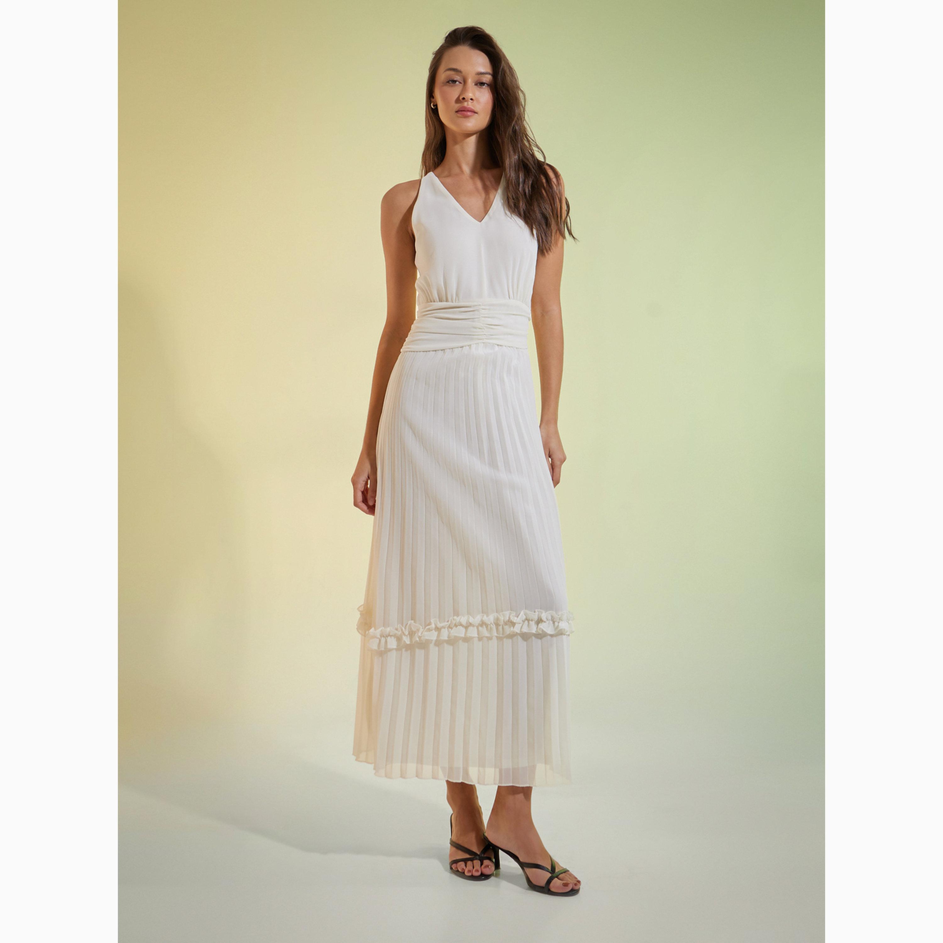 Styli Off White Sleeveless Pleated Maxi Dress-women-clothing-dresses-image-1