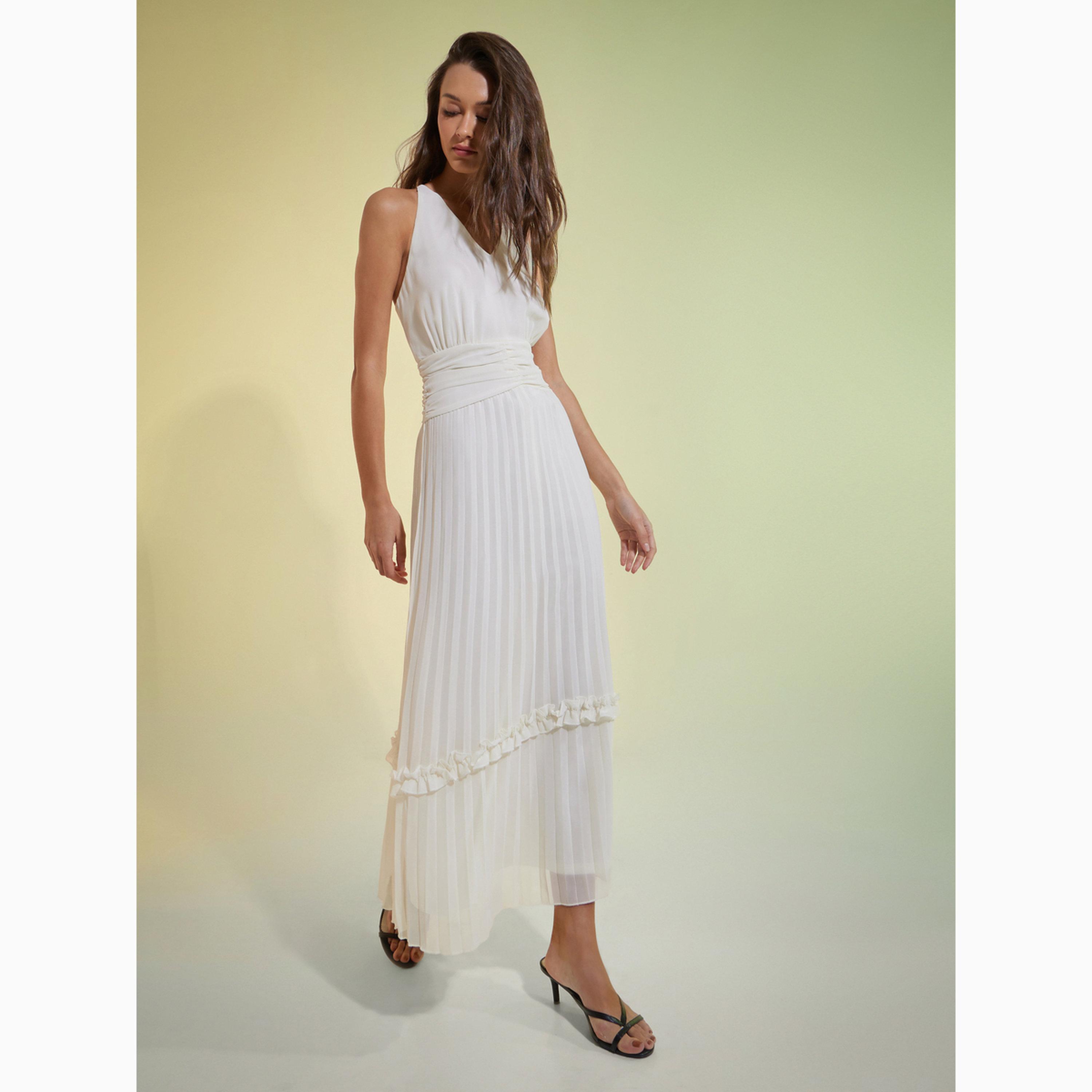 Styli Off White Sleeveless Pleated Maxi Dress-women-clothing-dresses-image-2