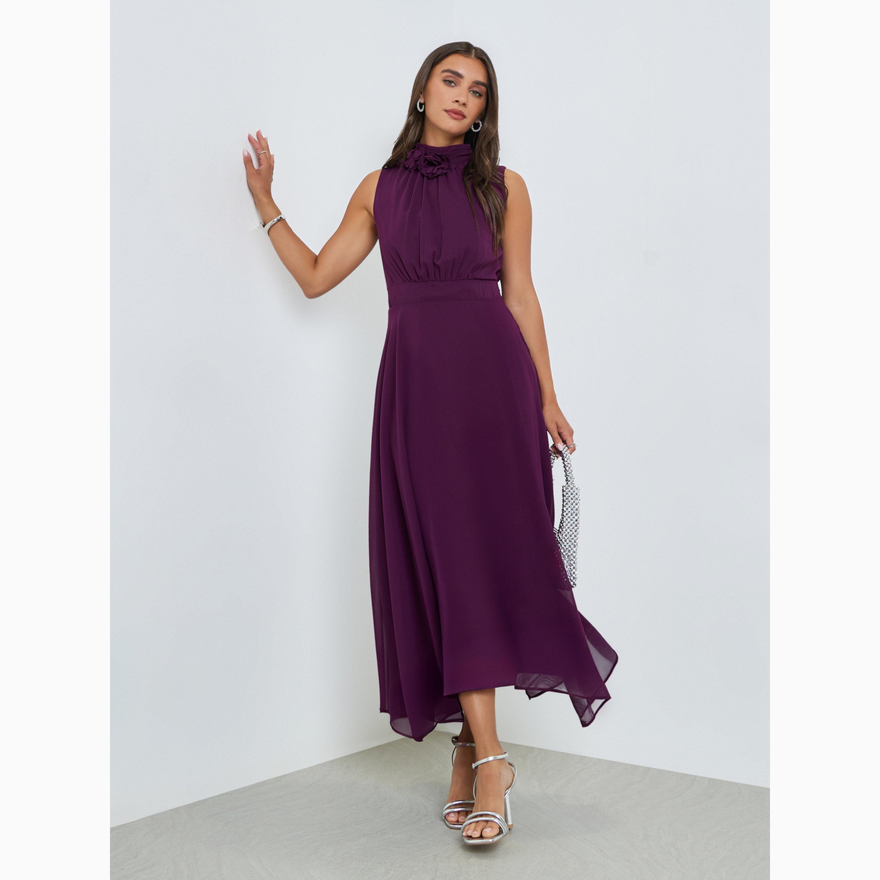 Styli Purple Corsage Detail Maxi Evening Dress-women-clothing-dresses-image-3