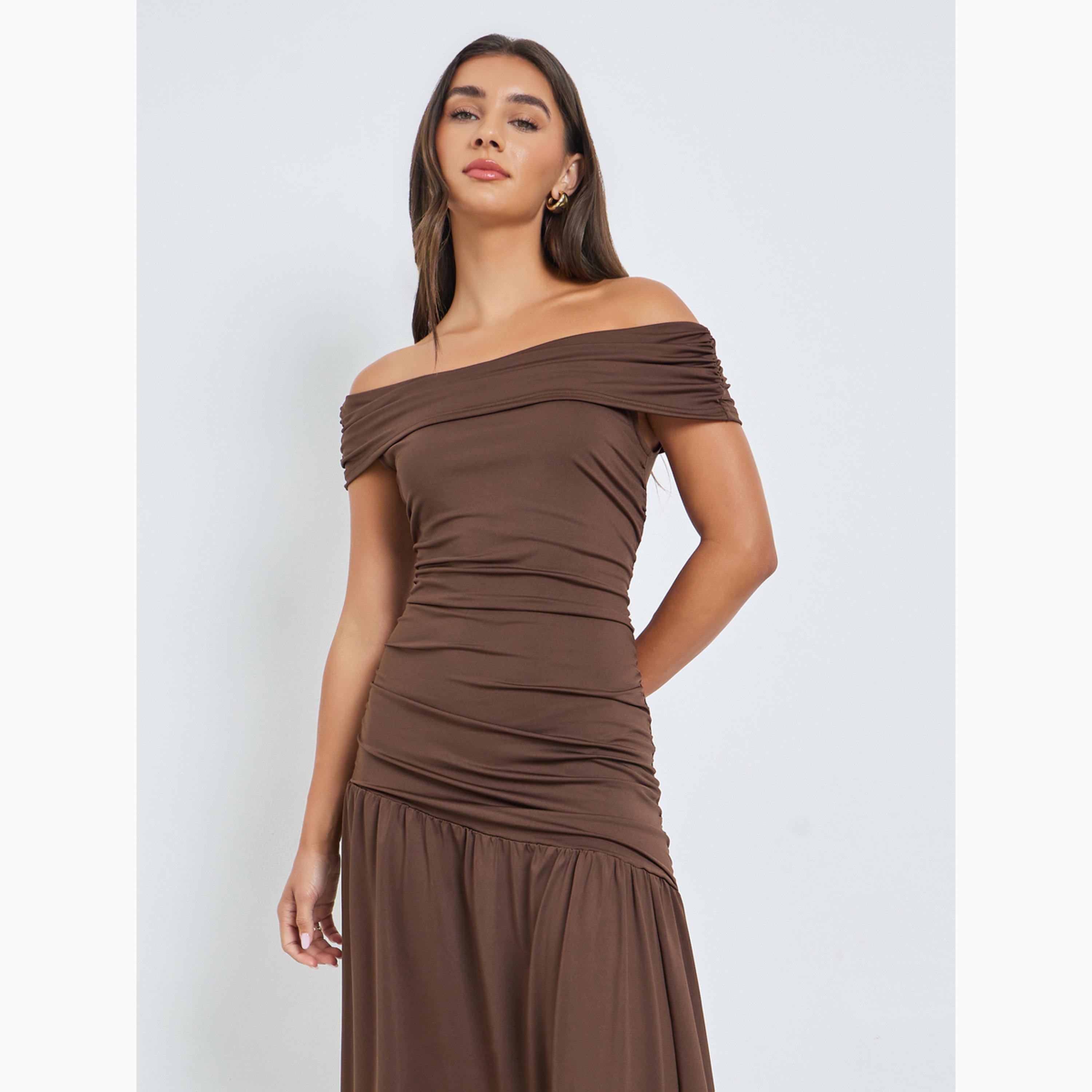 Styli Brown Gathered Off-Shoulder Maxi Dress-women-clothing-dresses-image-2