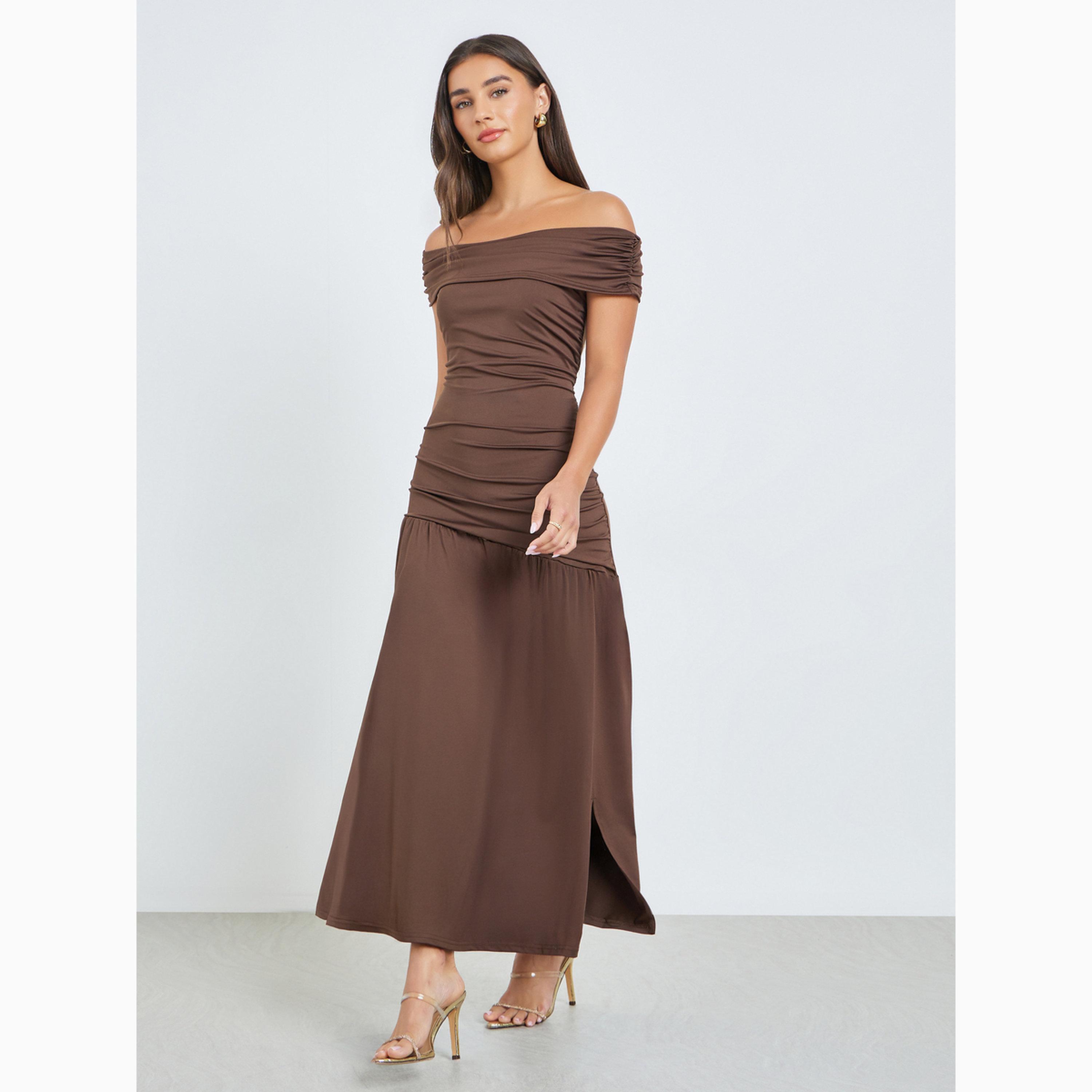 Styli Brown Gathered Off-Shoulder Maxi Dress-women-clothing-dresses-image-3