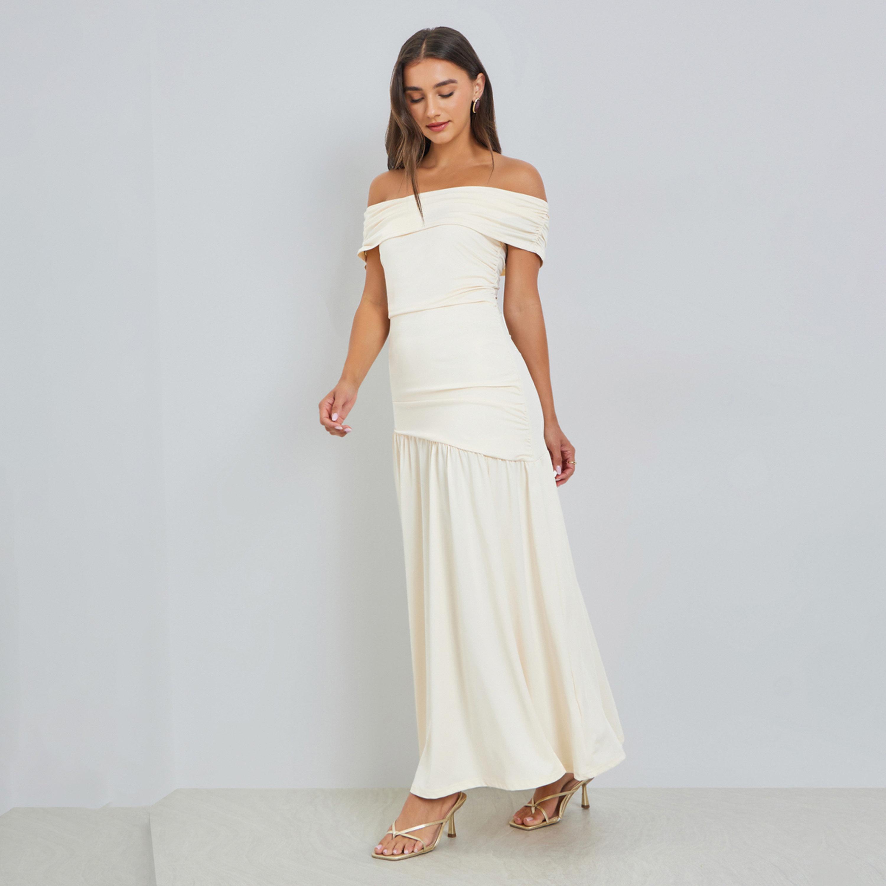 Styli Off White Gathered Off-Shoulder Maxi Dress-women-clothing-dresses-image-1