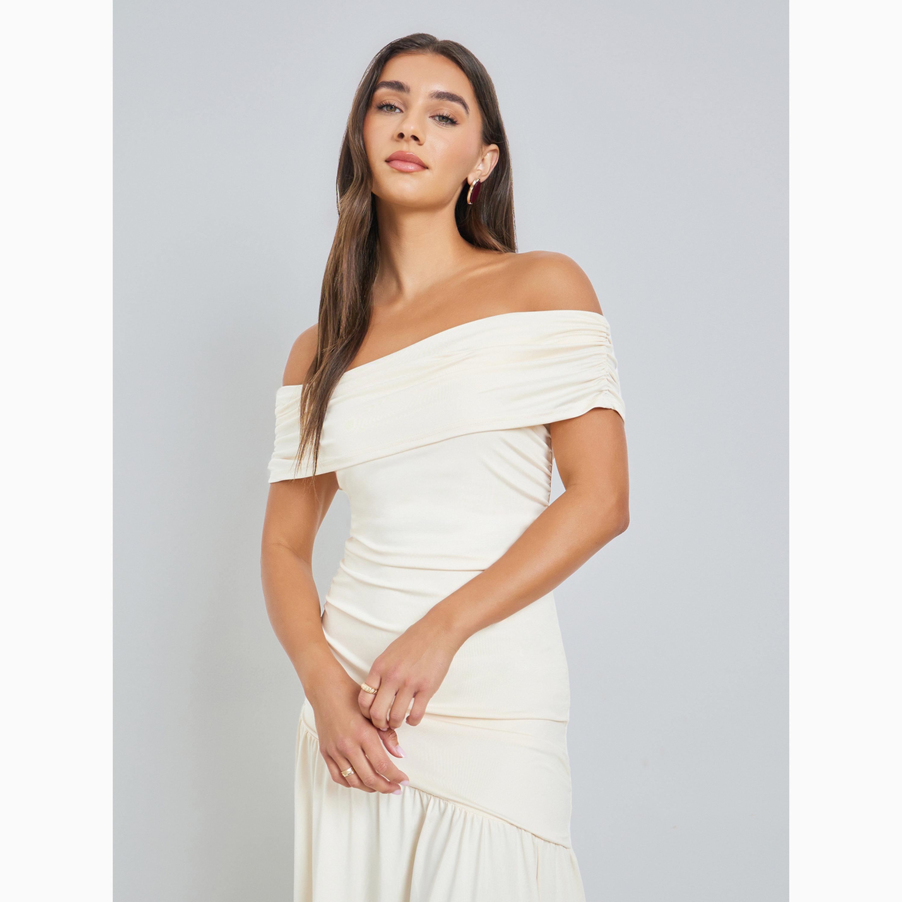 Styli Off White Gathered Off-Shoulder Maxi Dress-women-clothing-dresses-image-2
