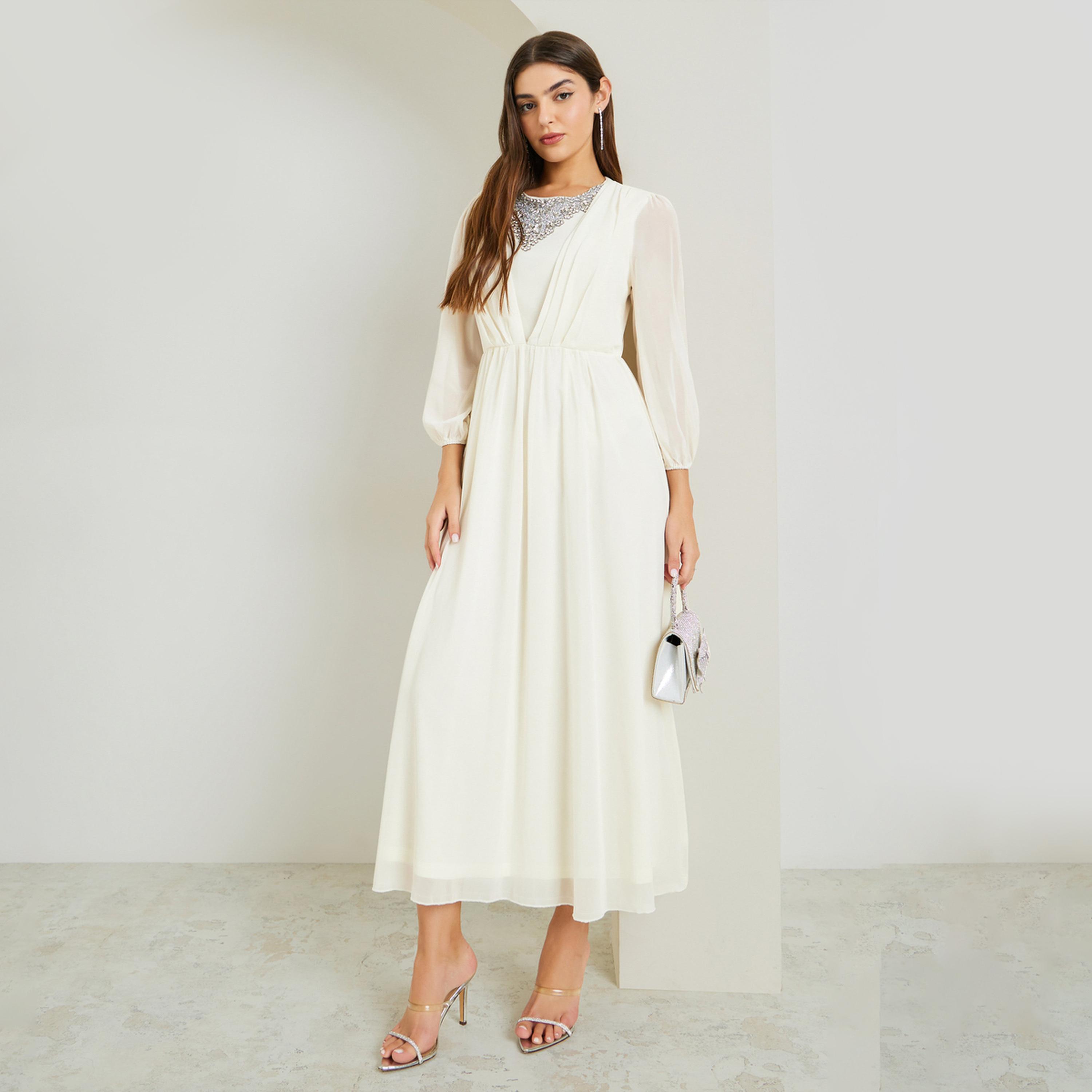 Styli Cream Embellished Long Sleeves Maxi Dress-women-clothing-dresses-image-1