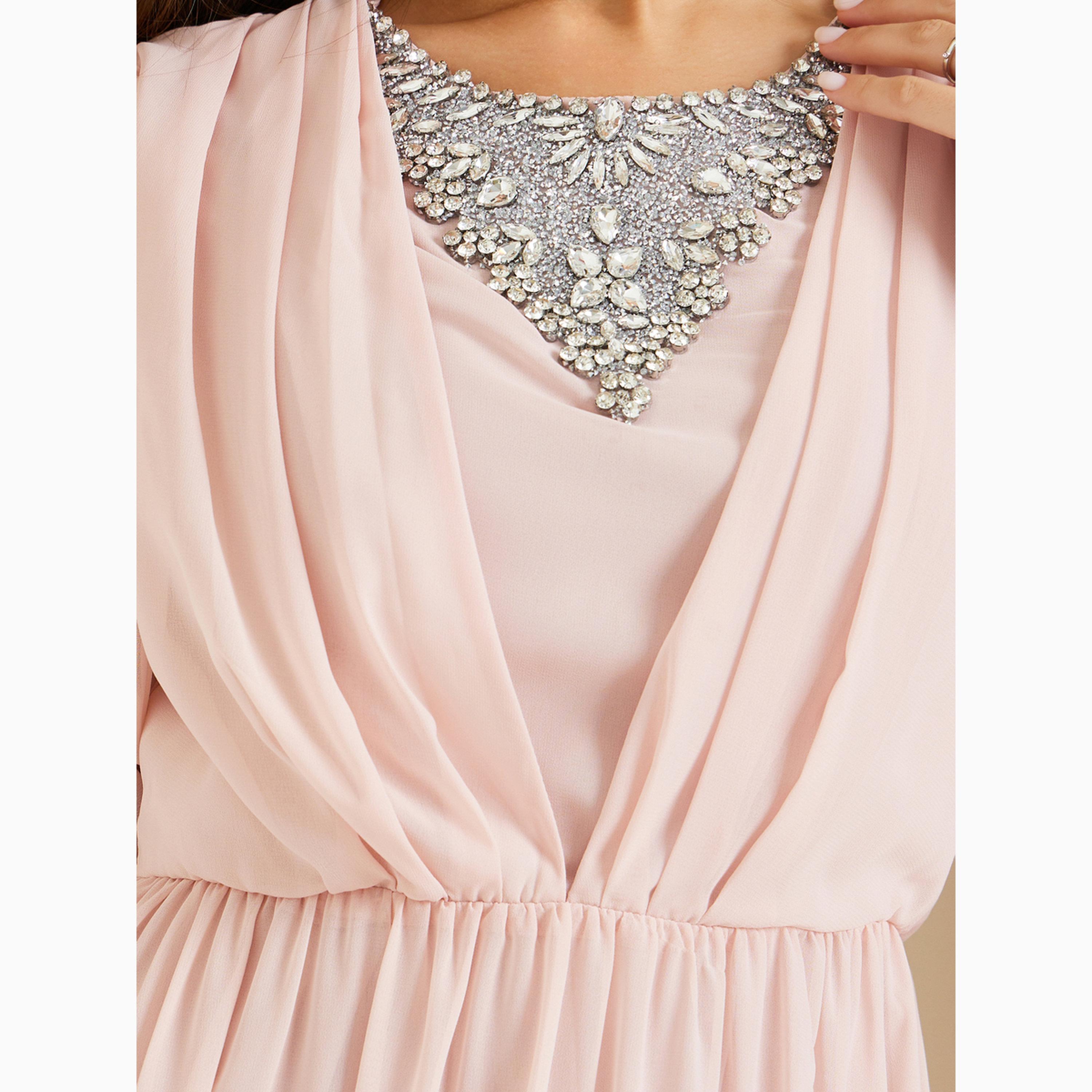 فستان طويل بحافة واسعة وأكمام منفوخة وتفاصيل مزينة-women-clothing-dresses-image-5