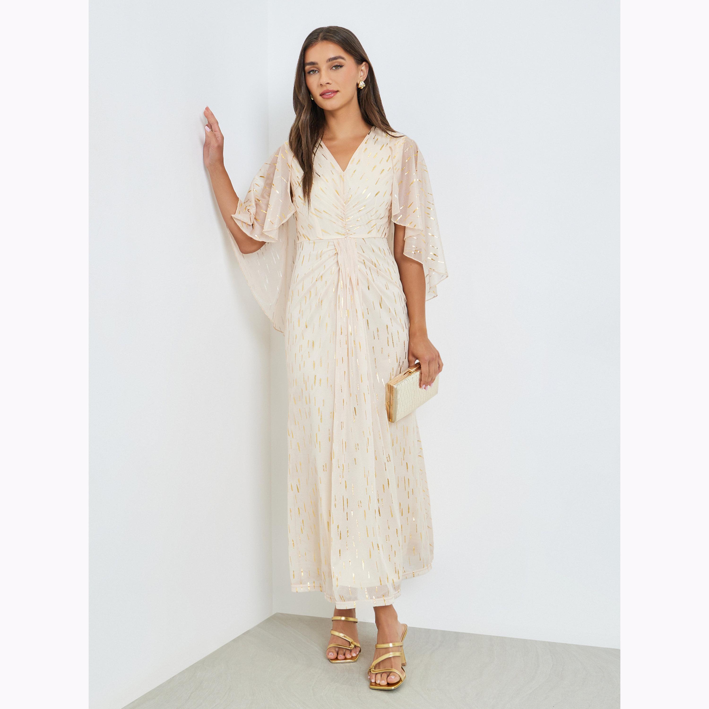 Styli Cream Foil Print Cape Sleeve Maxi Dress-women-clothing-dresses-image-1
