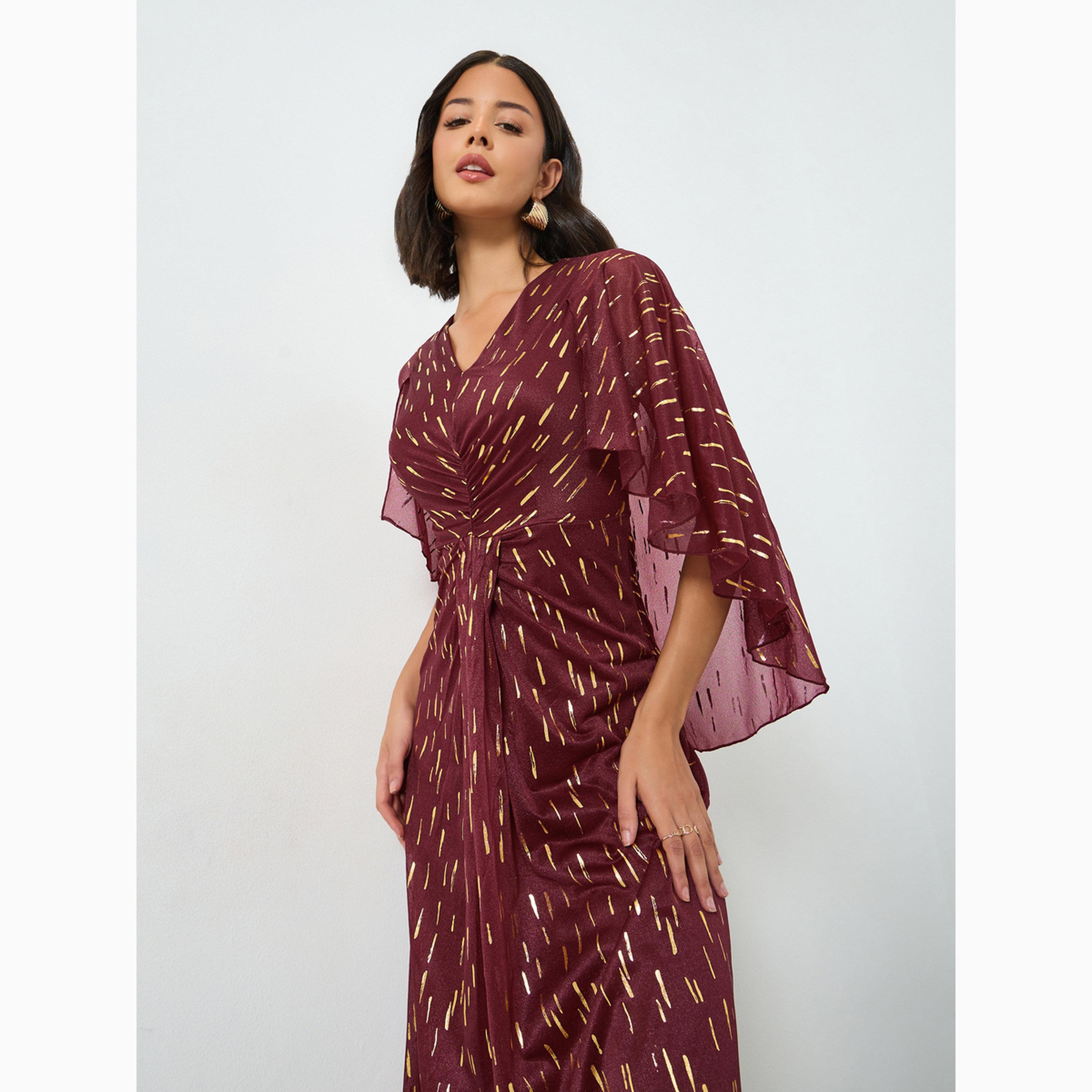 Styli Maroon Foil Print Cape Sleeve Maxi Dress-women-clothing-dresses-image-2