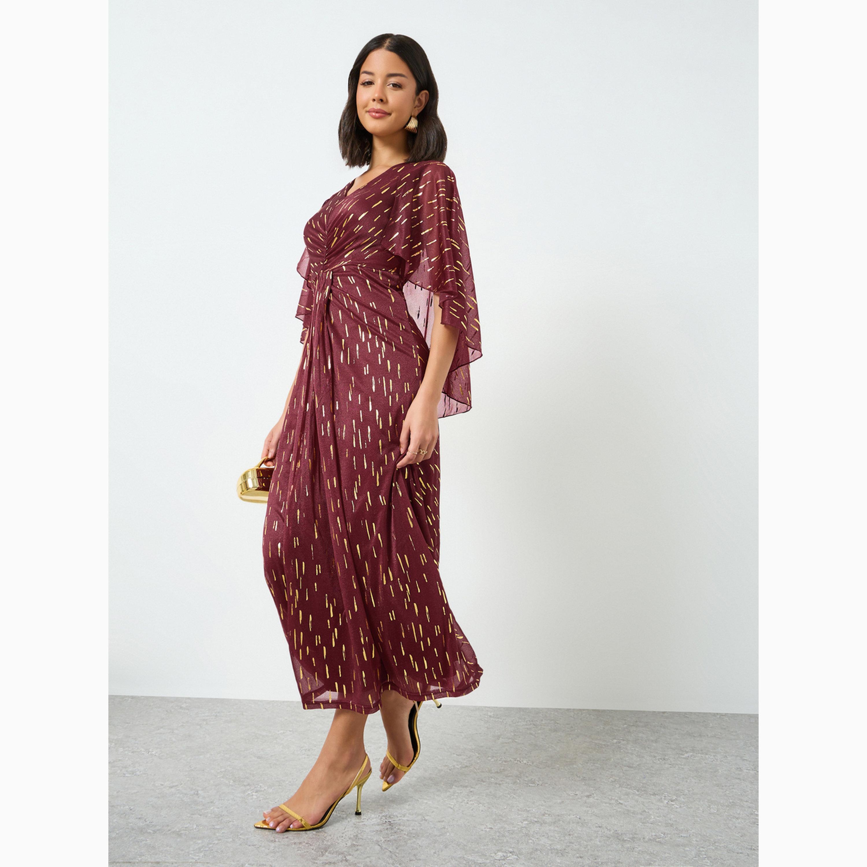 فستان طويل بطبعة فويل وأكمام كيب-women-clothing-dresses-image-3
