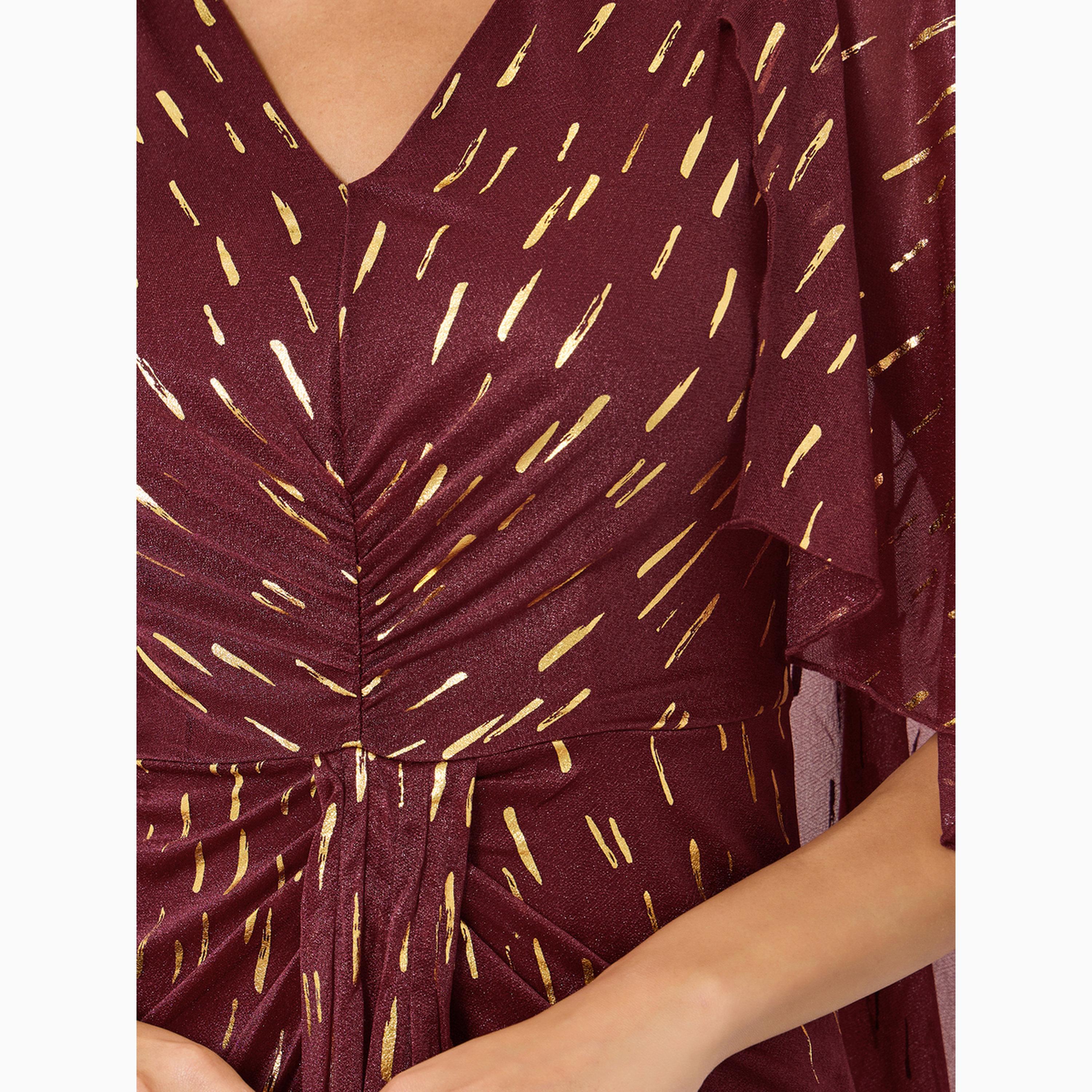 Styli Maroon Foil Print Cape Sleeve Maxi Dress-women-clothing-dresses-image-4