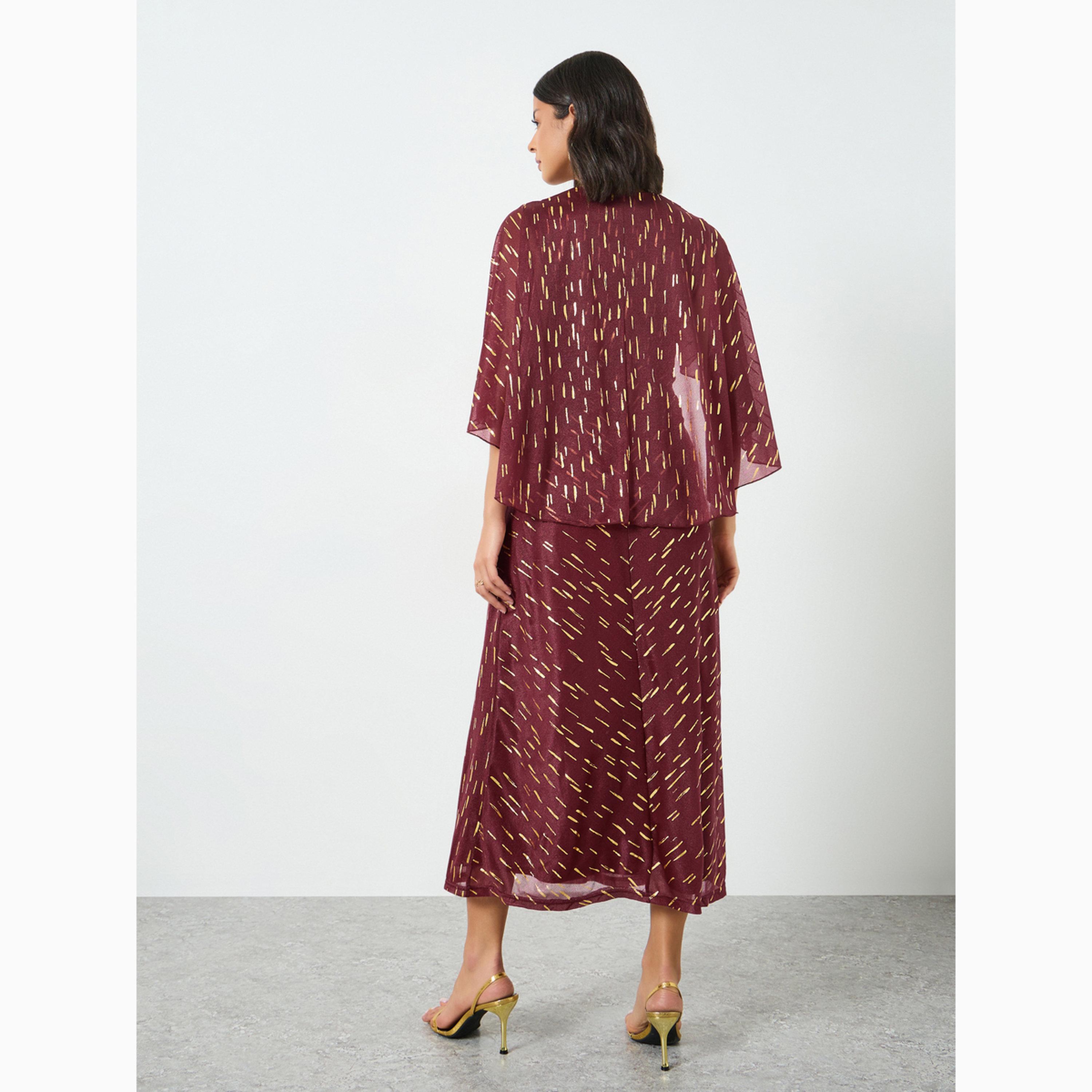 Styli Maroon Foil Print Cape Sleeve Maxi Dress-women-clothing-dresses-image-5