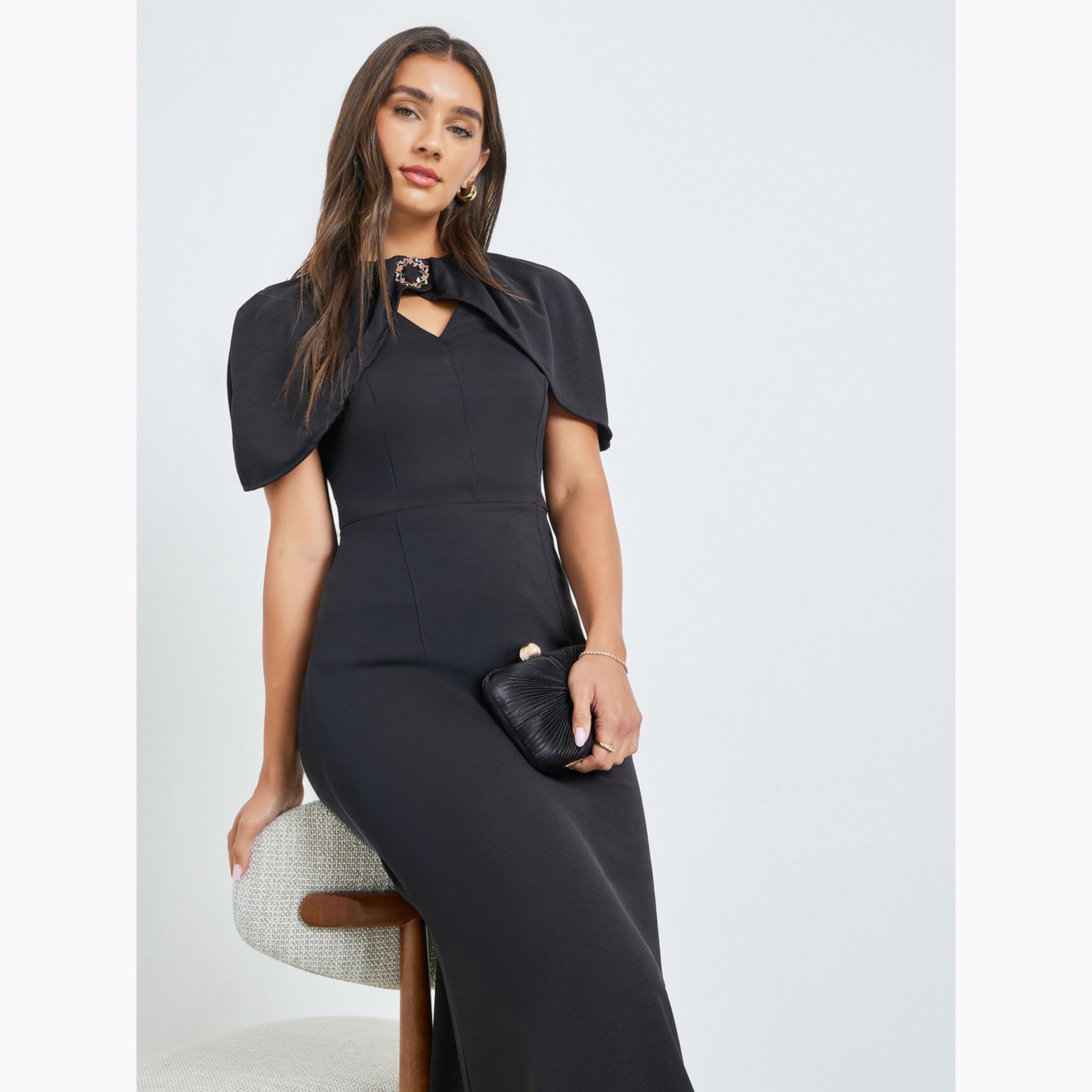 Styli Black Cape Sleeve Sheath Maxi Dress-women-clothing-dresses-image-2