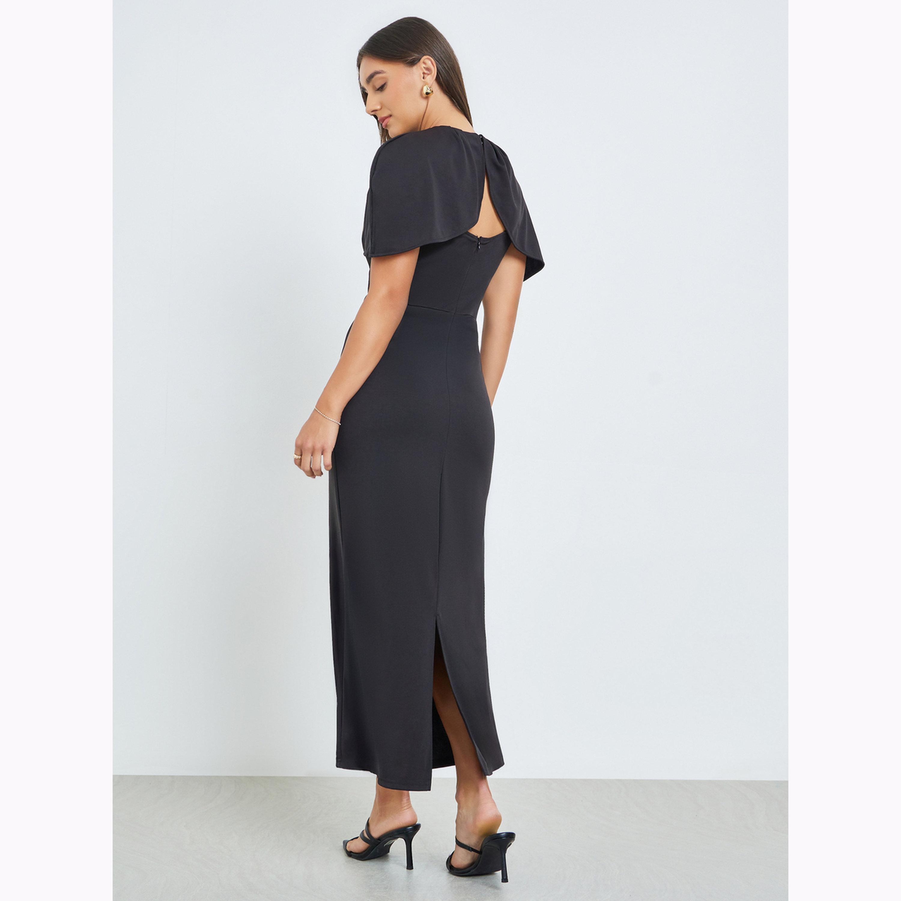 Styli Black Cape Sleeve Sheath Maxi Dress-women-clothing-dresses-image-4