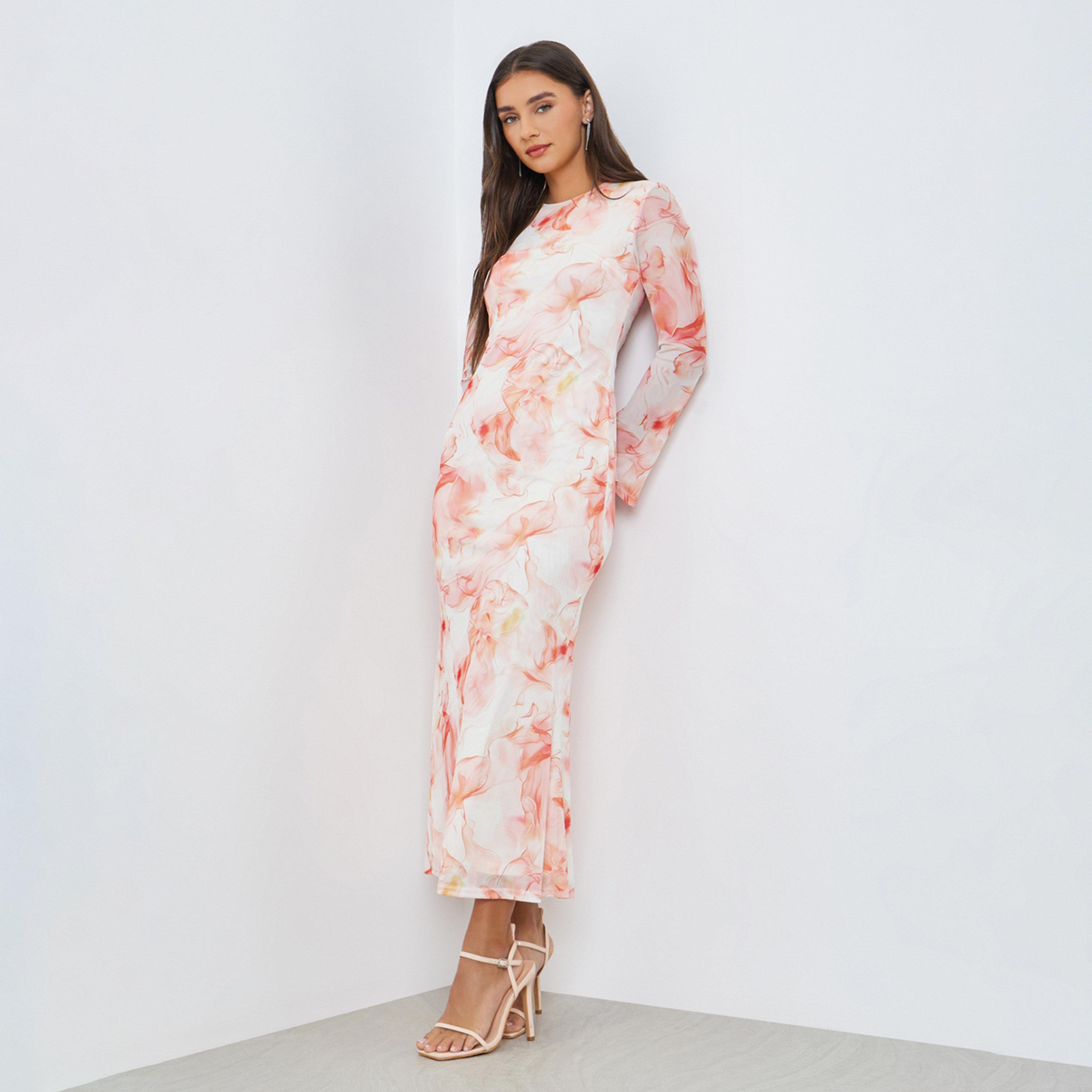 Styli Peach Marbled Print Bodycon Maxi Dress-women-clothing-dresses-image-1