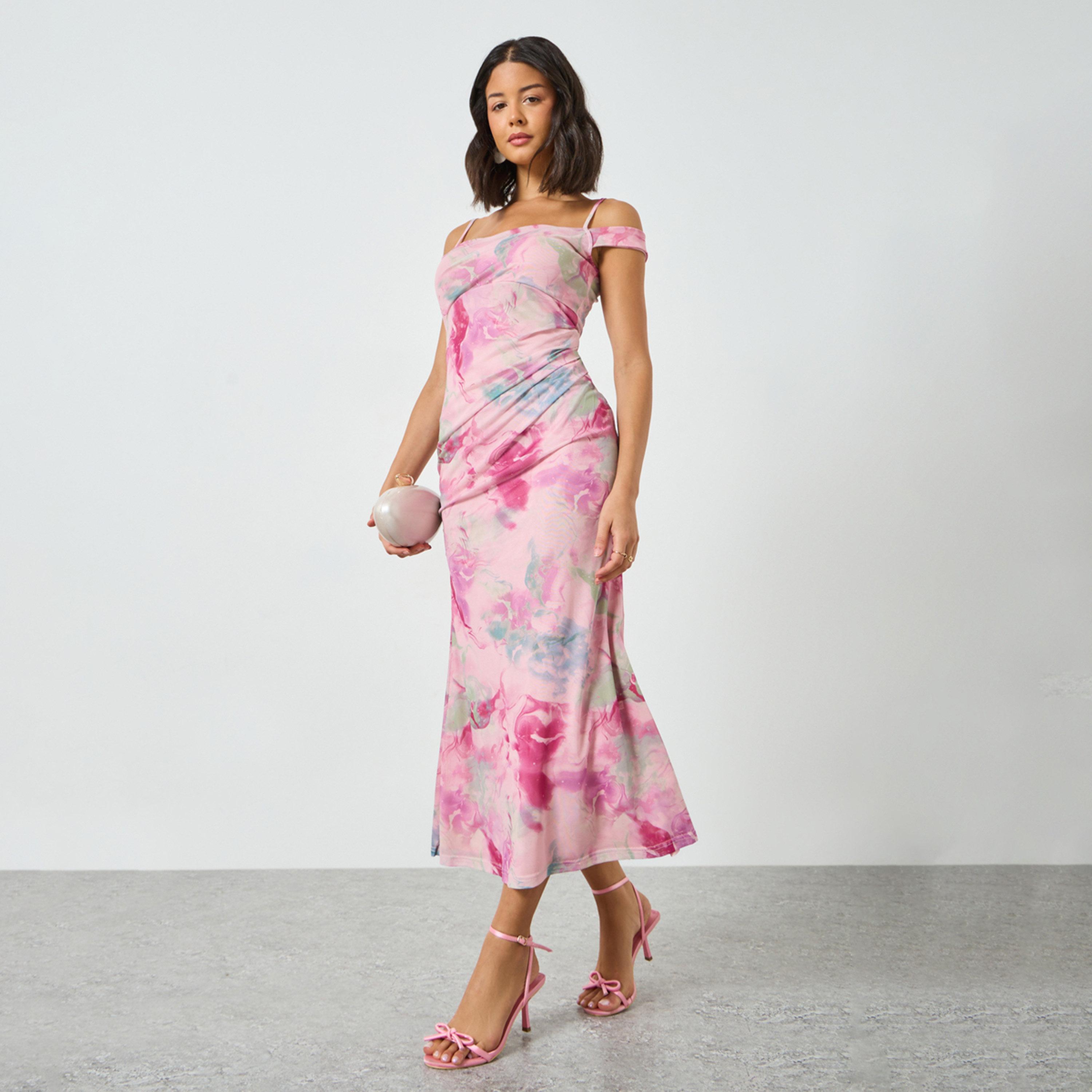 Styli Pink Floral Cold Shoulder Sleeve Bodycon Maxi Dress-women-clothing-dresses-image-1
