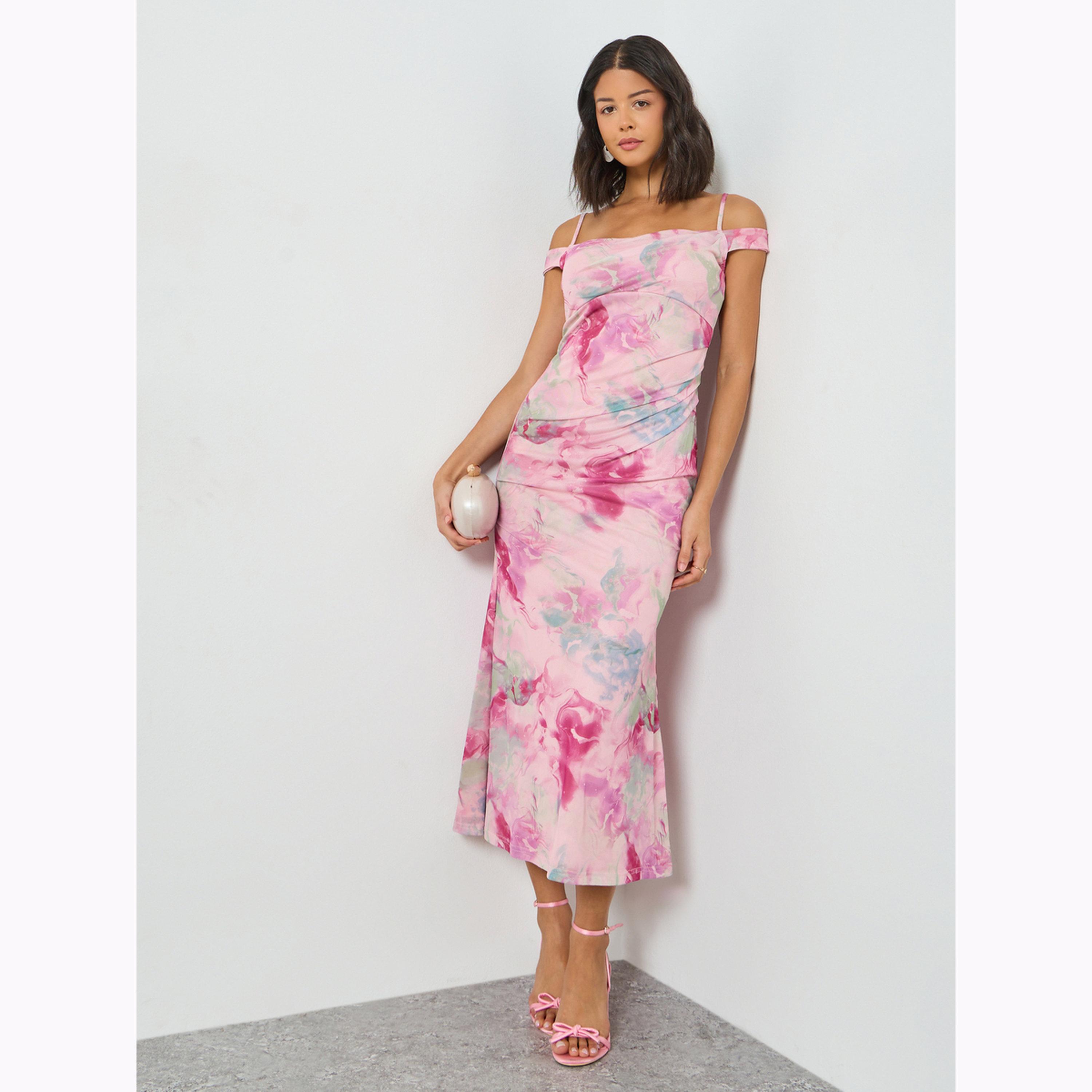 Styli Pink Floral Cold Shoulder Sleeve Bodycon Maxi Dress-women-clothing-dresses-image-3