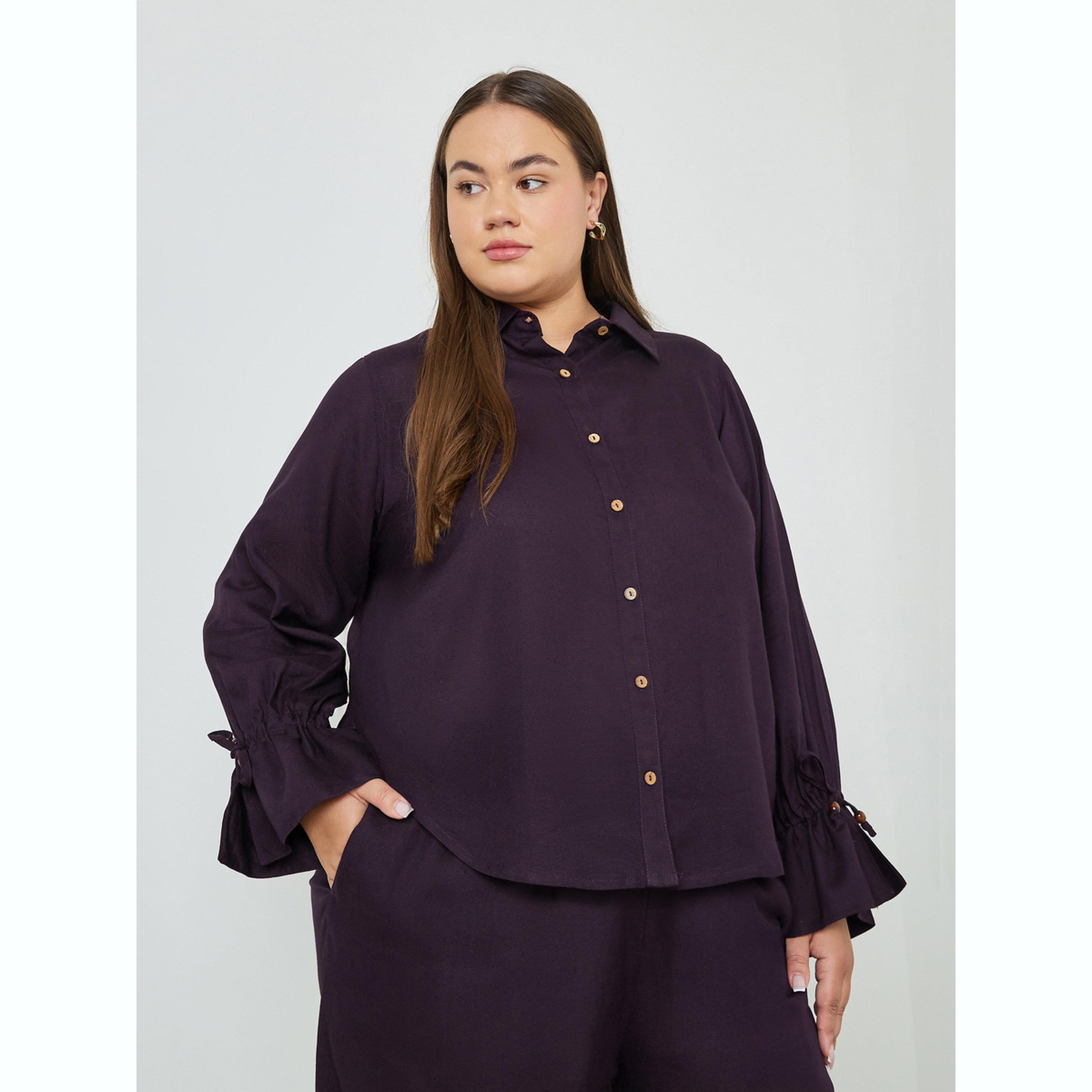 قميص قطني بأكمام ذات أساور برباط بمقاس كبير-women-clothing-shirtsandblouses-shirts-image-1