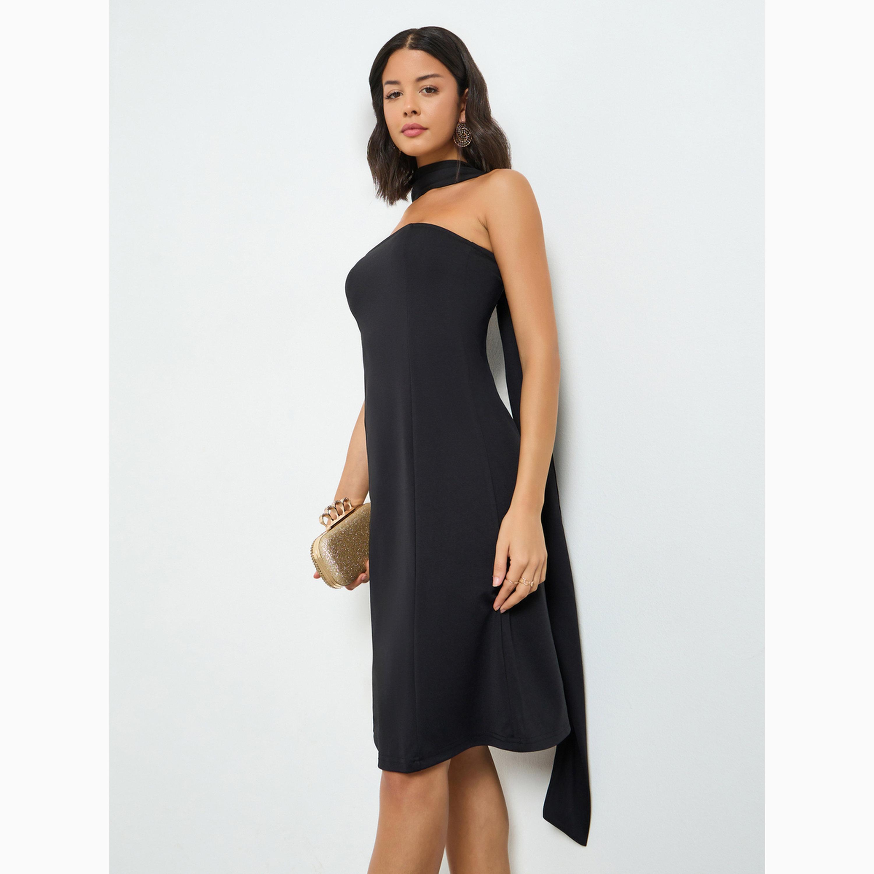 فستان بطول الركبة وياقة باندو مع وشاح-women-clothing-dresses-image-1