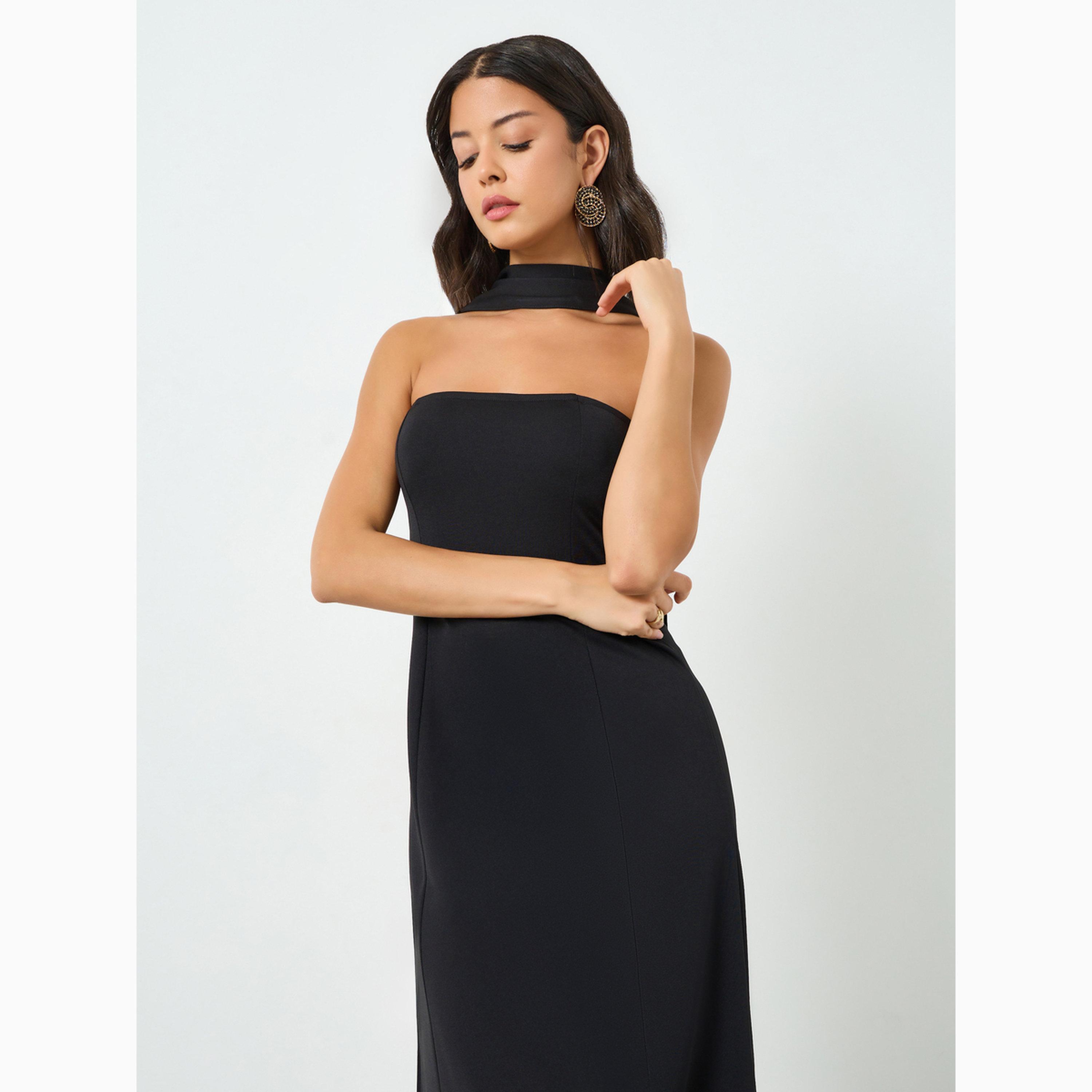 فستان بطول الركبة وياقة باندو مع وشاح-women-clothing-dresses-image-3