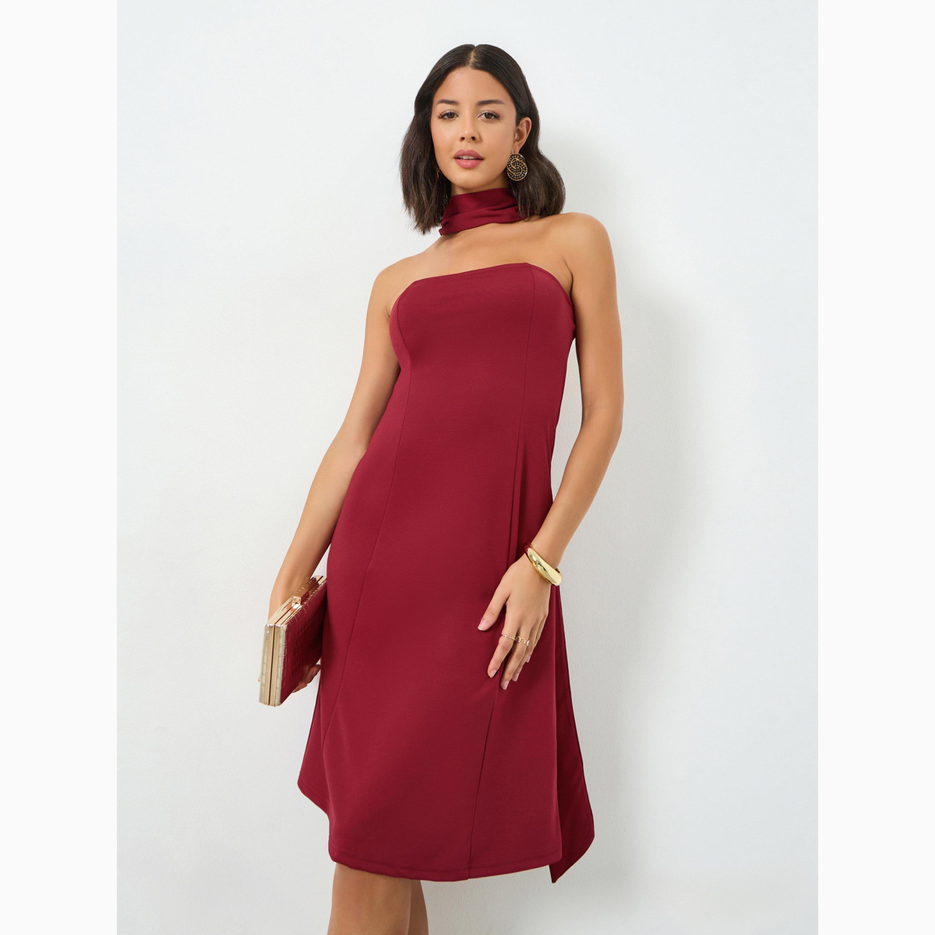 Styli Red Bandeau Knee Length Dress with Neck Scarf-women-clothing-dresses-image-1