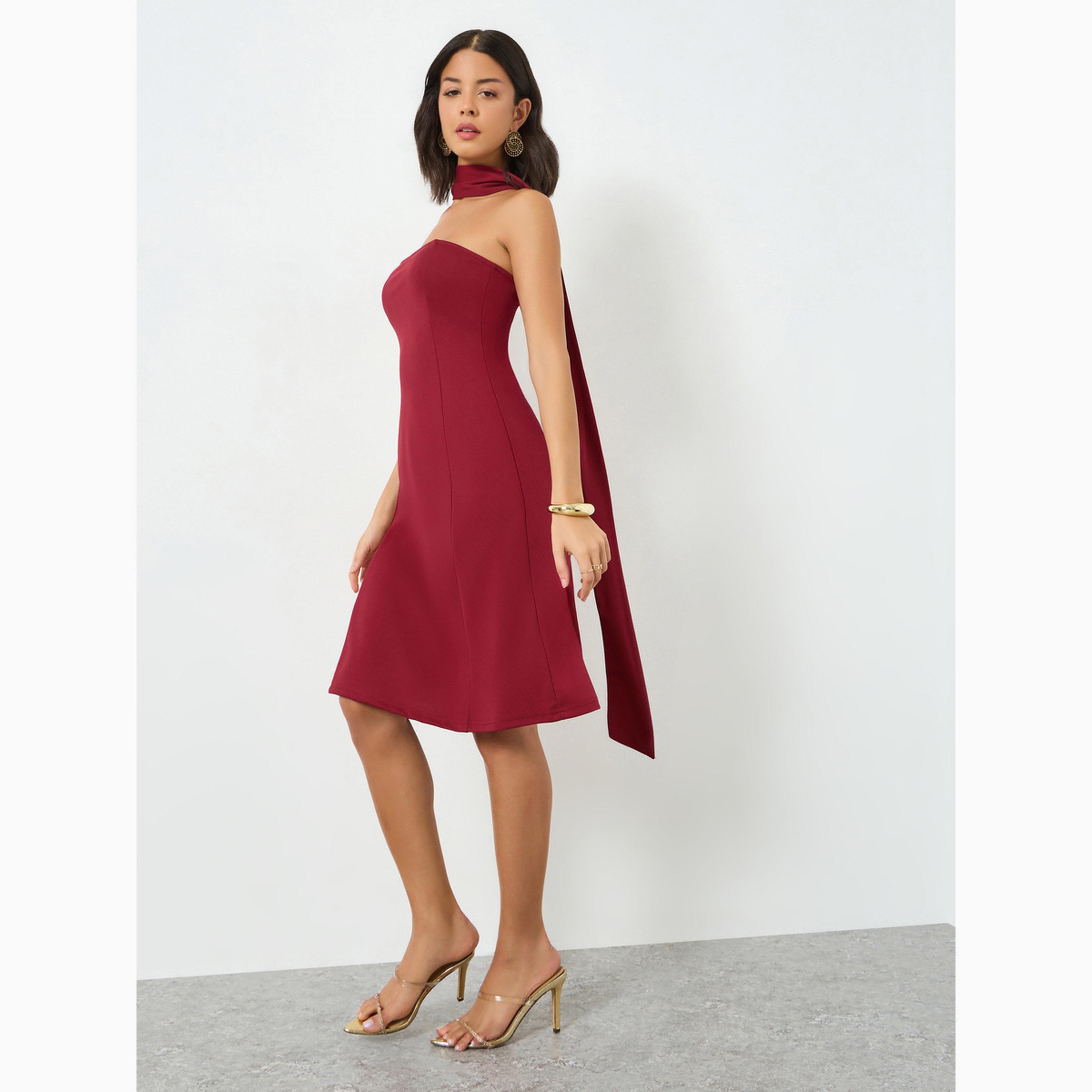 Styli Red Bandeau Knee Length Dress with Neck Scarf-women-clothing-dresses-image-2