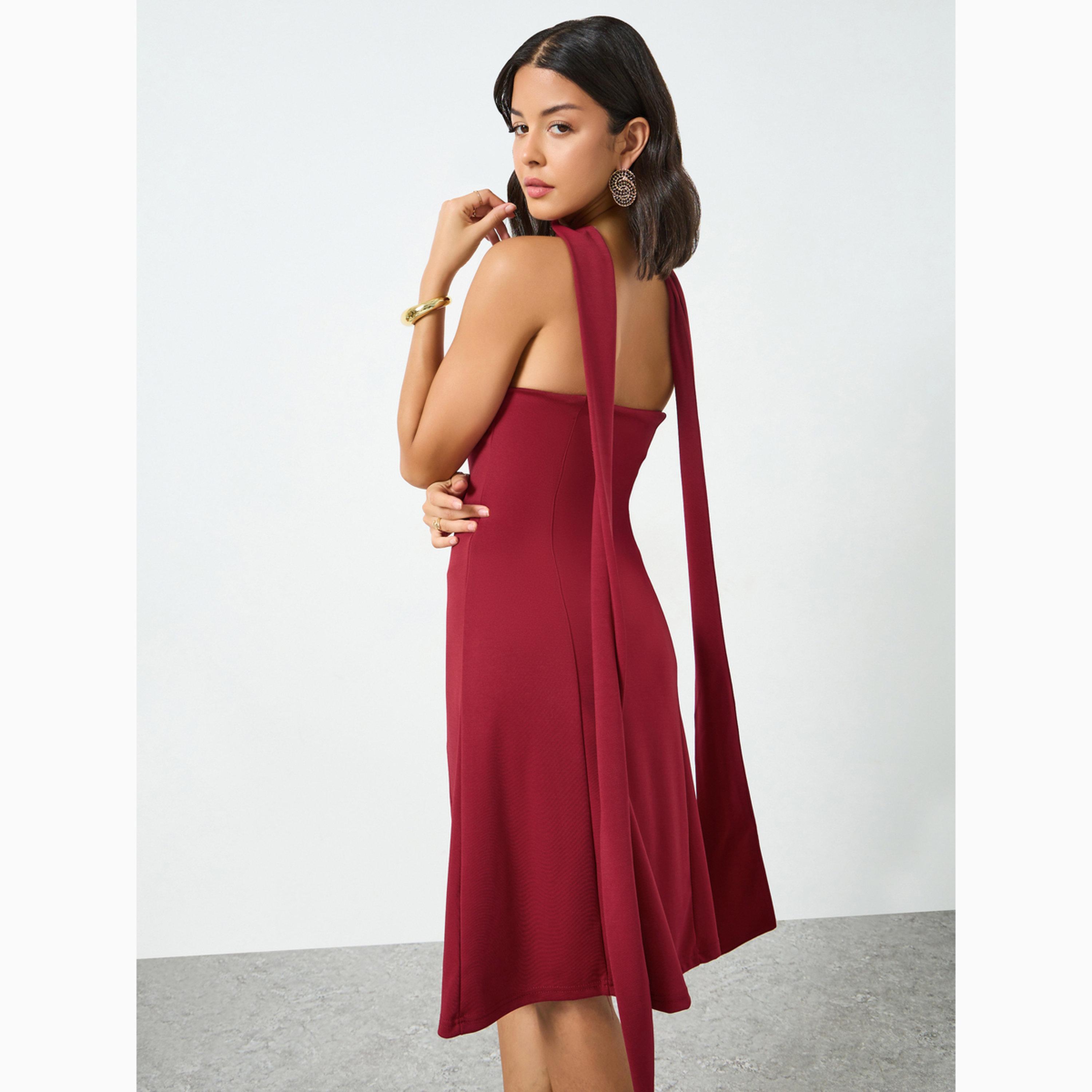 Styli Red Bandeau Knee Length Dress with Neck Scarf-women-clothing-dresses-image-3