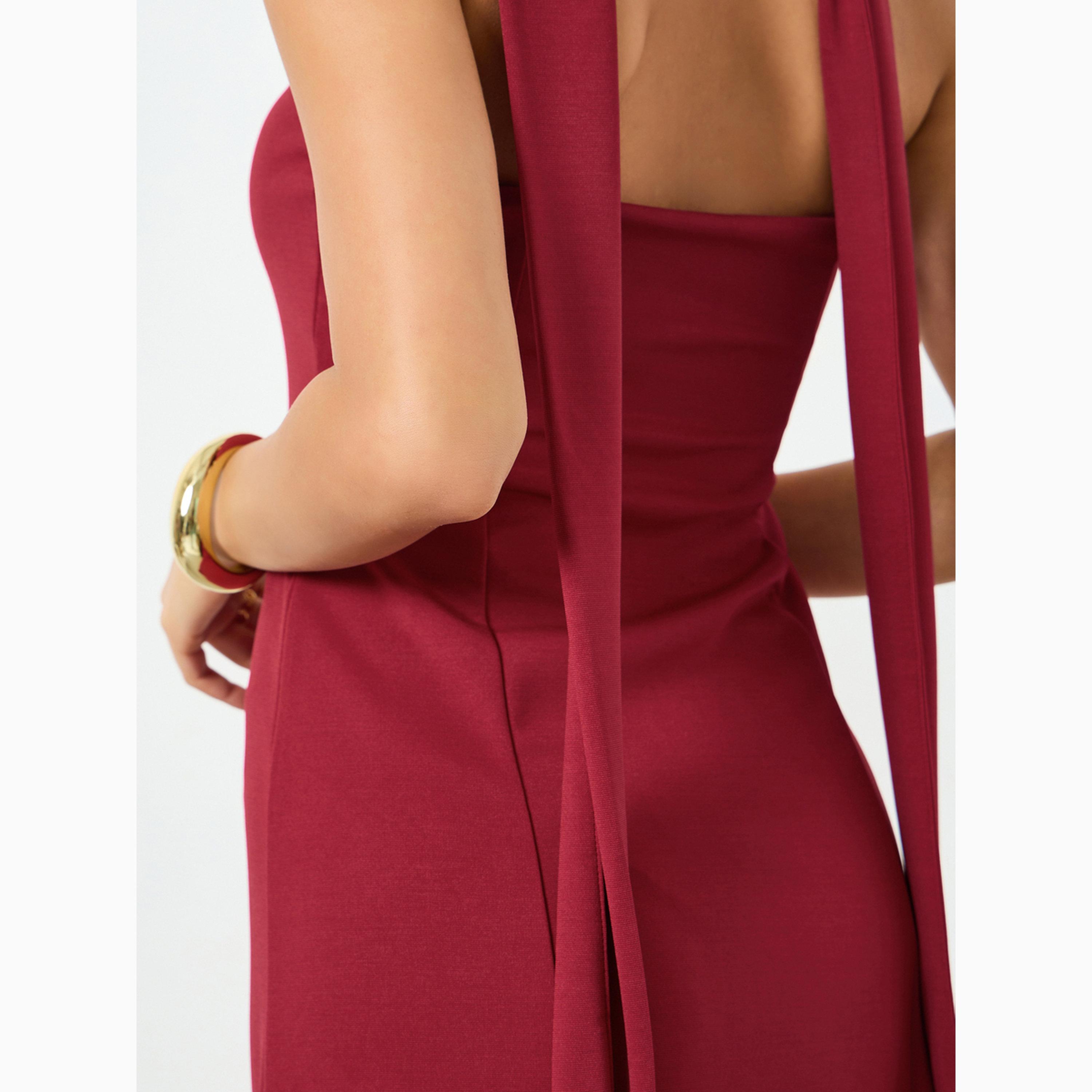 Styli Red Bandeau Knee Length Dress with Neck Scarf-women-clothing-dresses-image-4